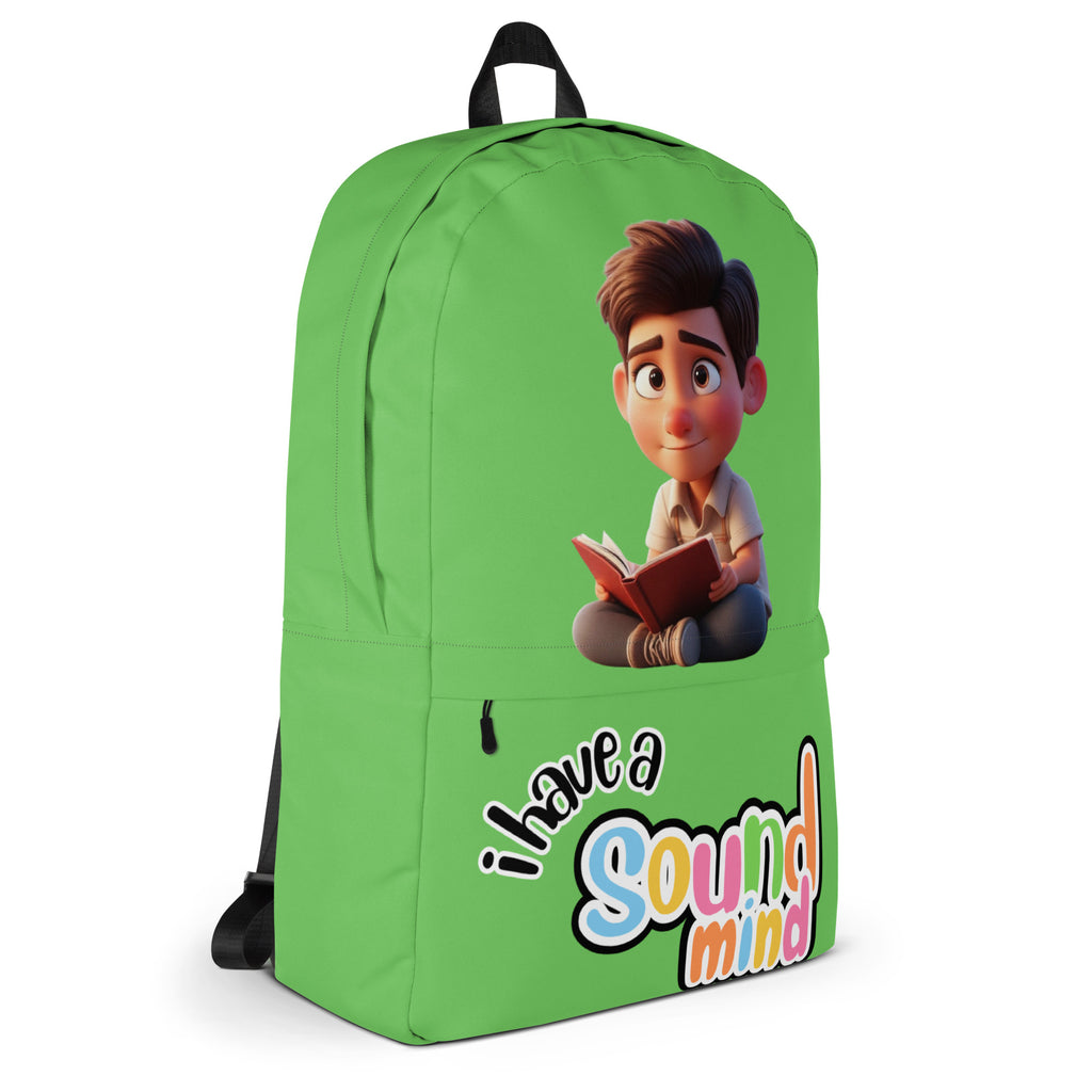 Green backpack with all-over "I Have A Sound Mind" print from Kingdom Kids Club, shown from the right side.