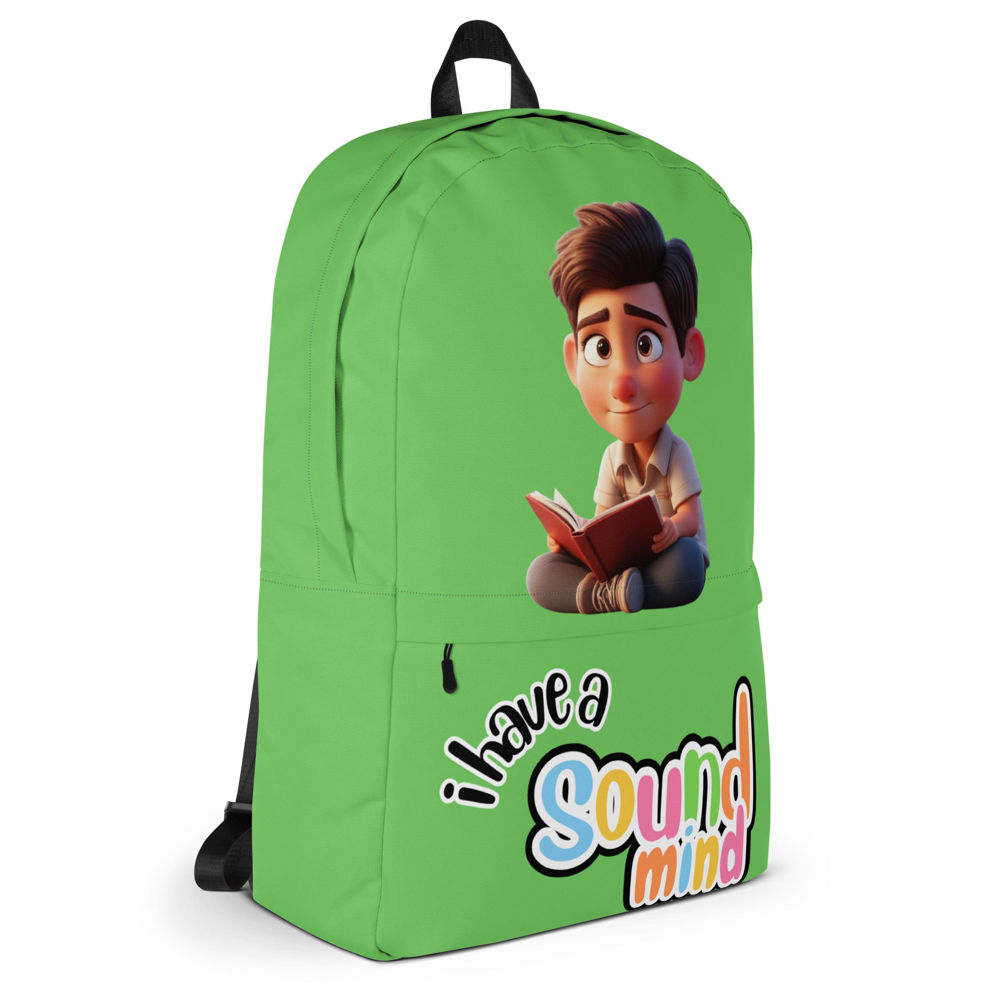 Green backpack with all-over "I Have A Sound Mind" print from Kingdom Kids Club, shown from the right side.
