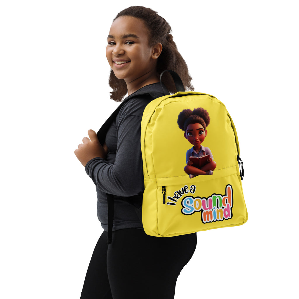Yellow backpack with all-over print featuring the "I Have A Sound Mind" design from Kingdom Kids Club, shown from the right side.