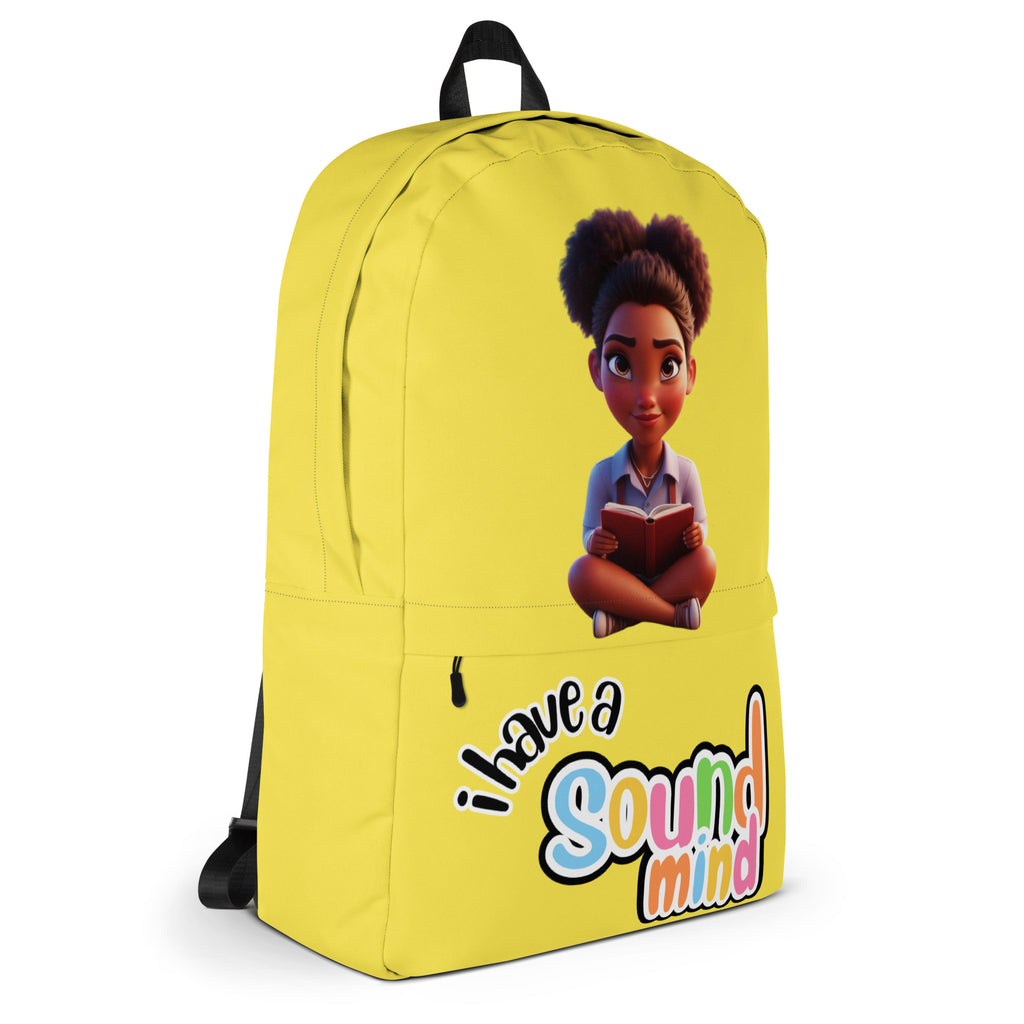 Yellow Kingdom Kids Club backpack with all-over sound mind print, featuring adjustable straps and spacious main compartment.