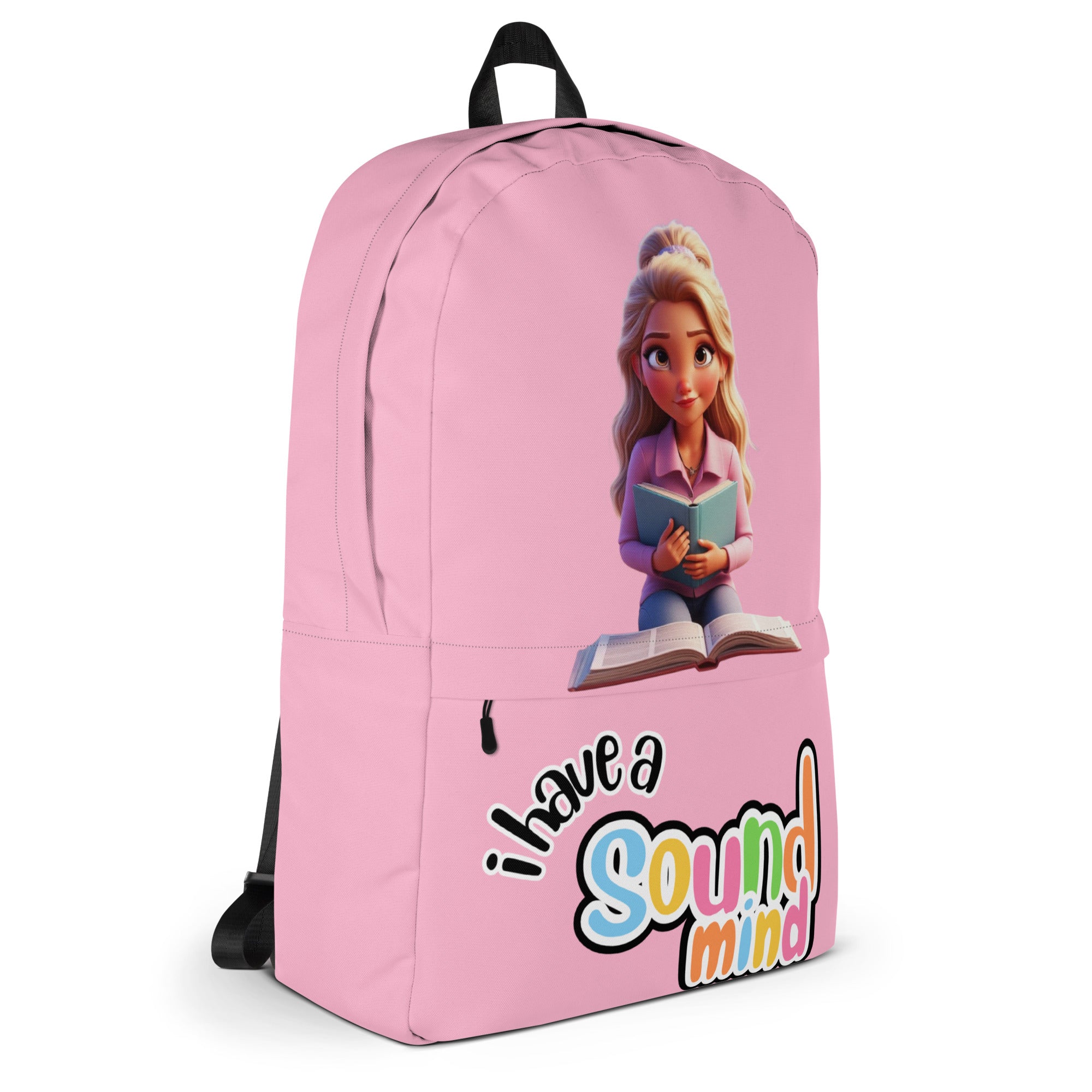 Pink backpack with all-over print featuring the phrase "I Have A Sound Mind" by Kingdom Kids Club, showcasing the backpack's colorful design.