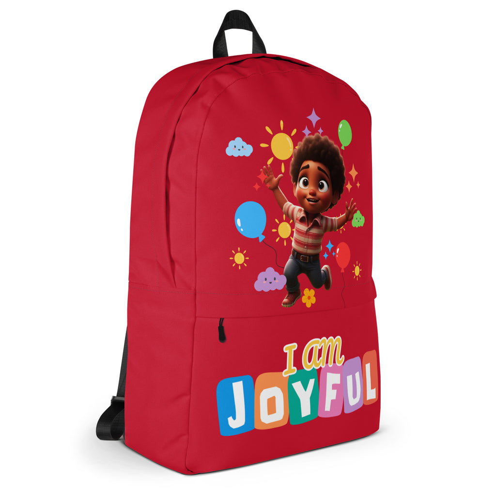 Red backpack with all-over joyful print by Kingdom Kids Club, featuring adjustable straps and a spacious main compartment.