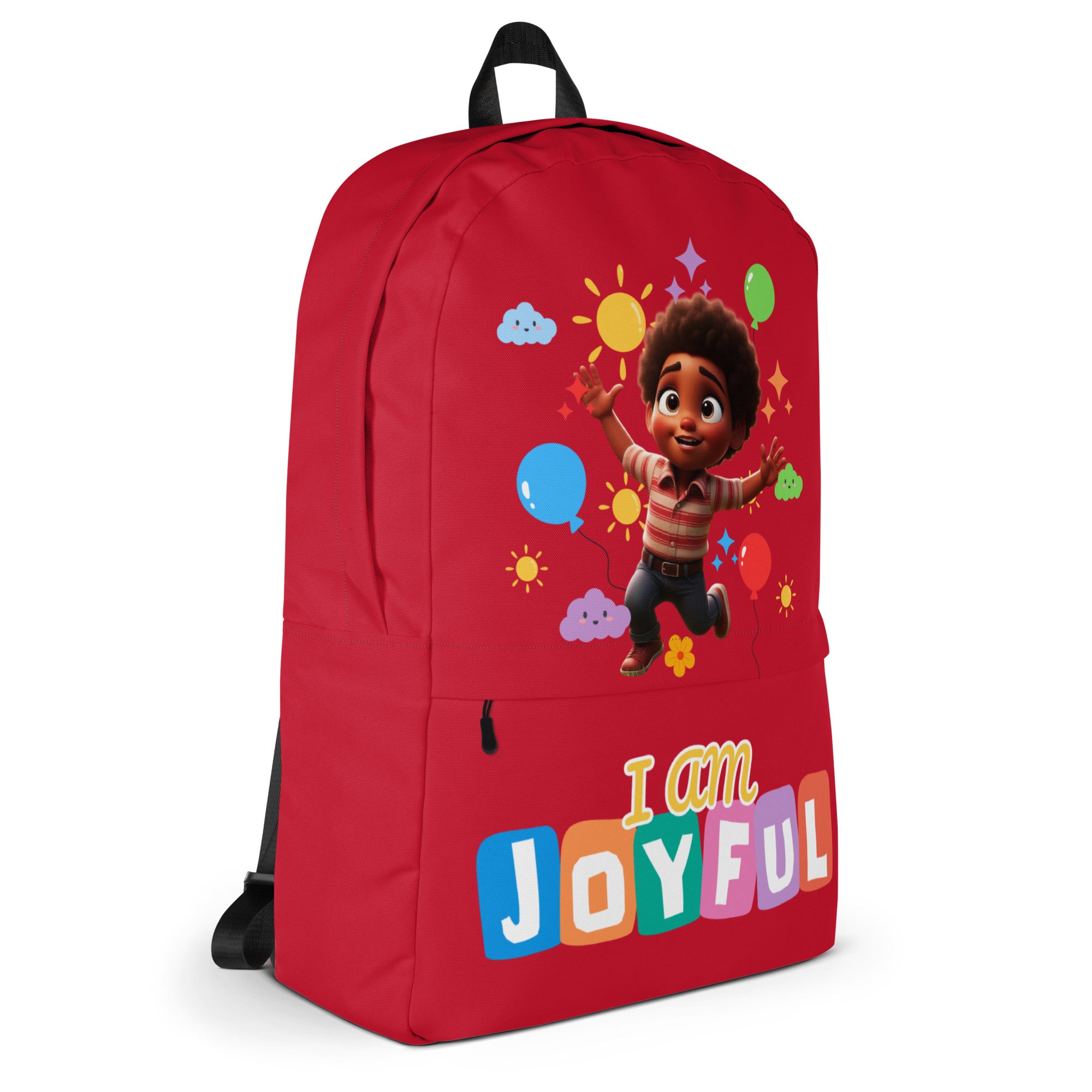Red backpack with all-over joyful print by Kingdom Kids Club, featuring adjustable straps and a spacious main compartment.