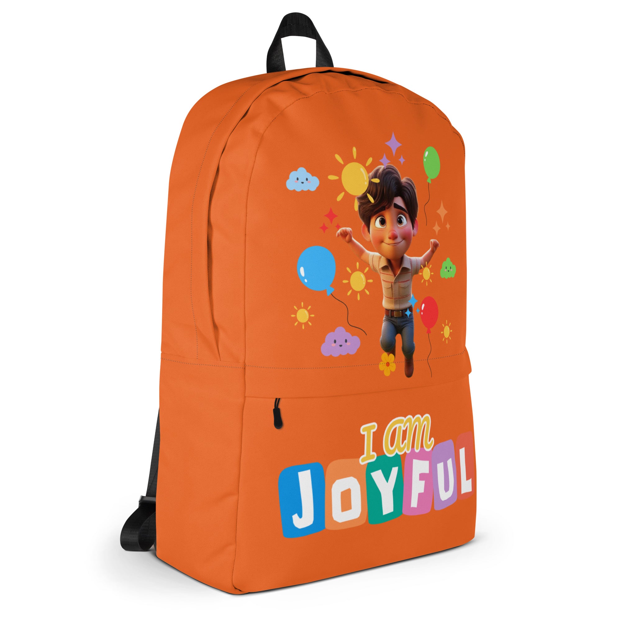 Bright orange backpack with all-over joyful print by Kingdom Kids Club, featuring multiple compartments and adjustable straps.