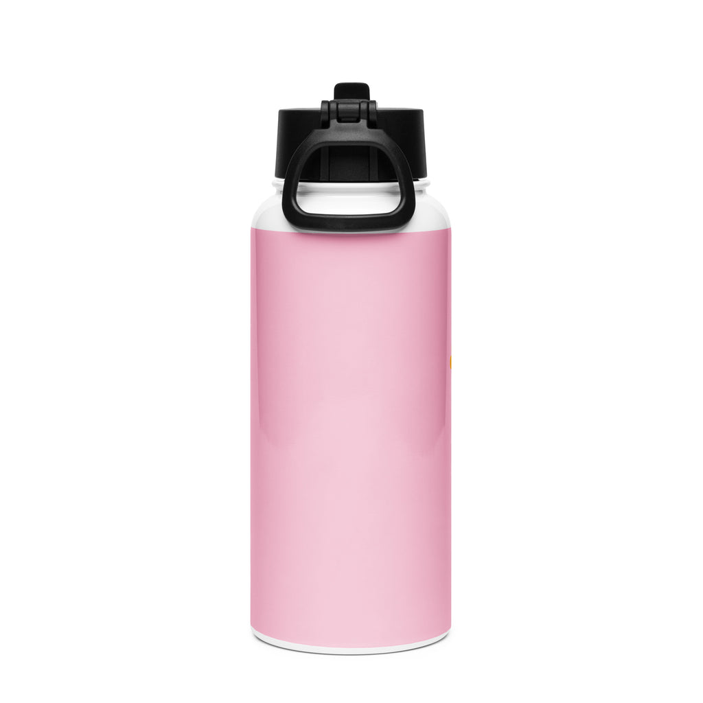 Pink stainless steel water bottle with straw lid from Kingdom Kids Club, 32 oz, shown from the back.