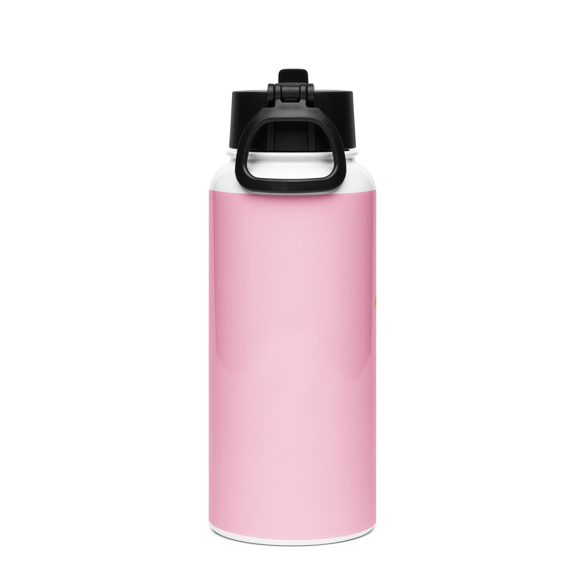 Pink stainless steel water bottle with straw lid from Kingdom Kids Club, 32 oz, shown from the back.