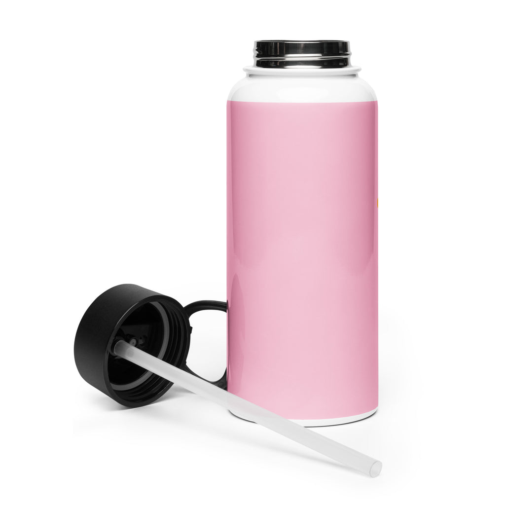 Kingdom Kids Club KKC pink stainless steel water bottle with straw lid, 32 oz, viewed from the back.