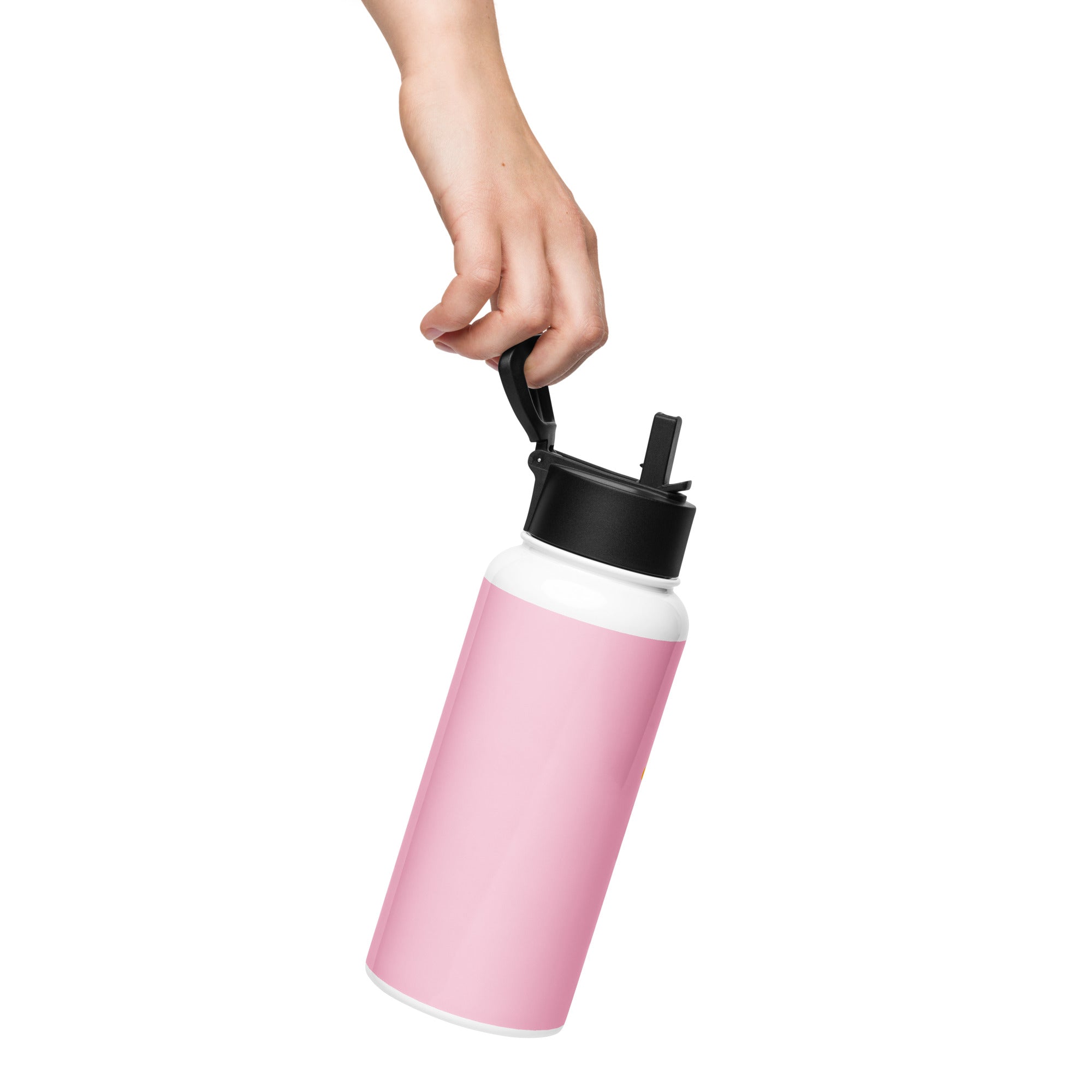 Kingdom Kids Club KKC pink stainless steel water bottle with straw lid, 32 oz, shown from the back.