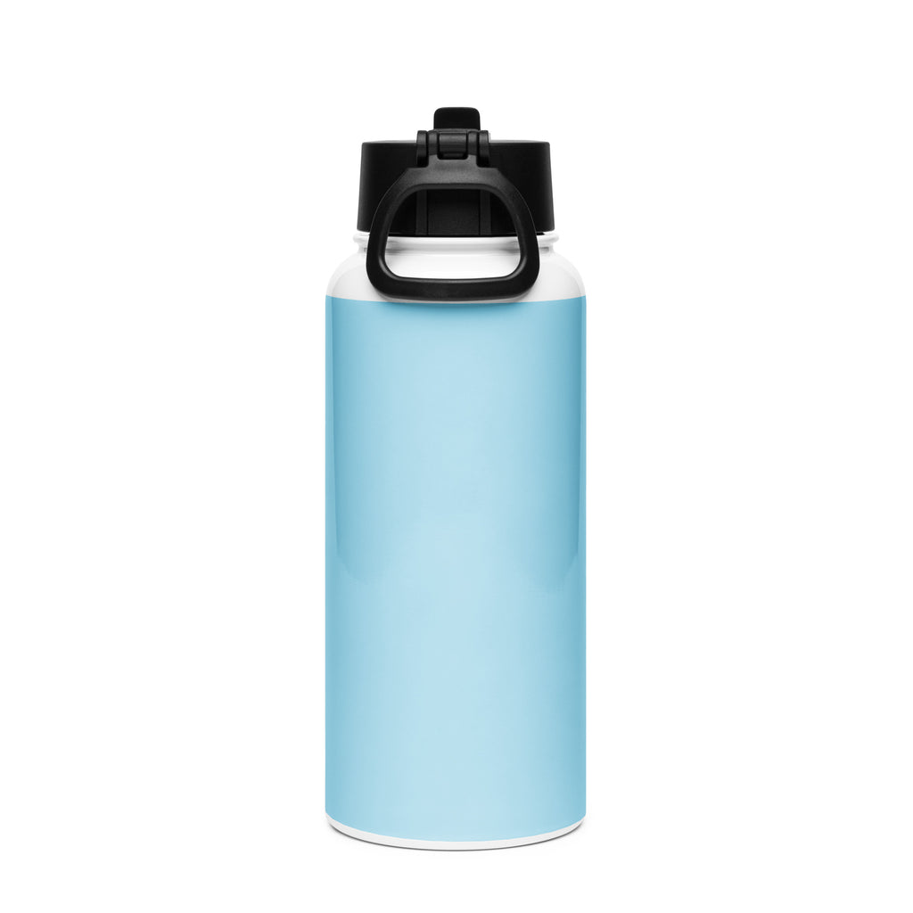 Kingdom Kids Club KKC blue stainless steel water bottle with straw lid, 32 oz, viewed from the back.