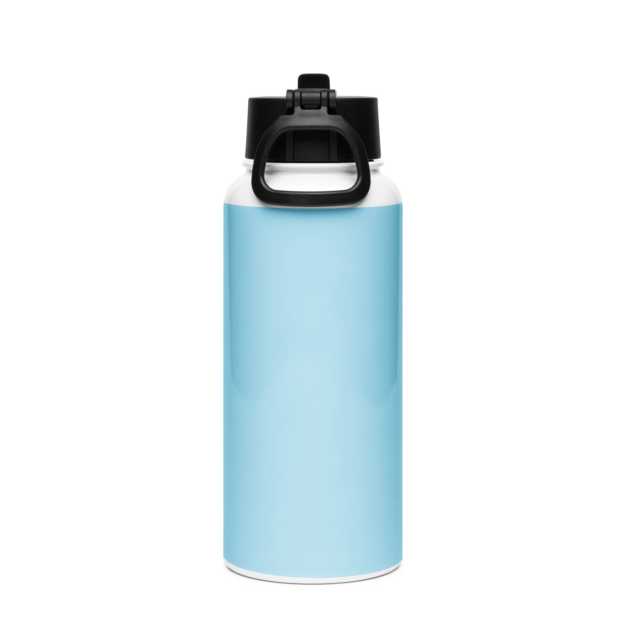 Kingdom Kids Club KKC blue stainless steel water bottle with straw lid, 32 oz, viewed from the back.