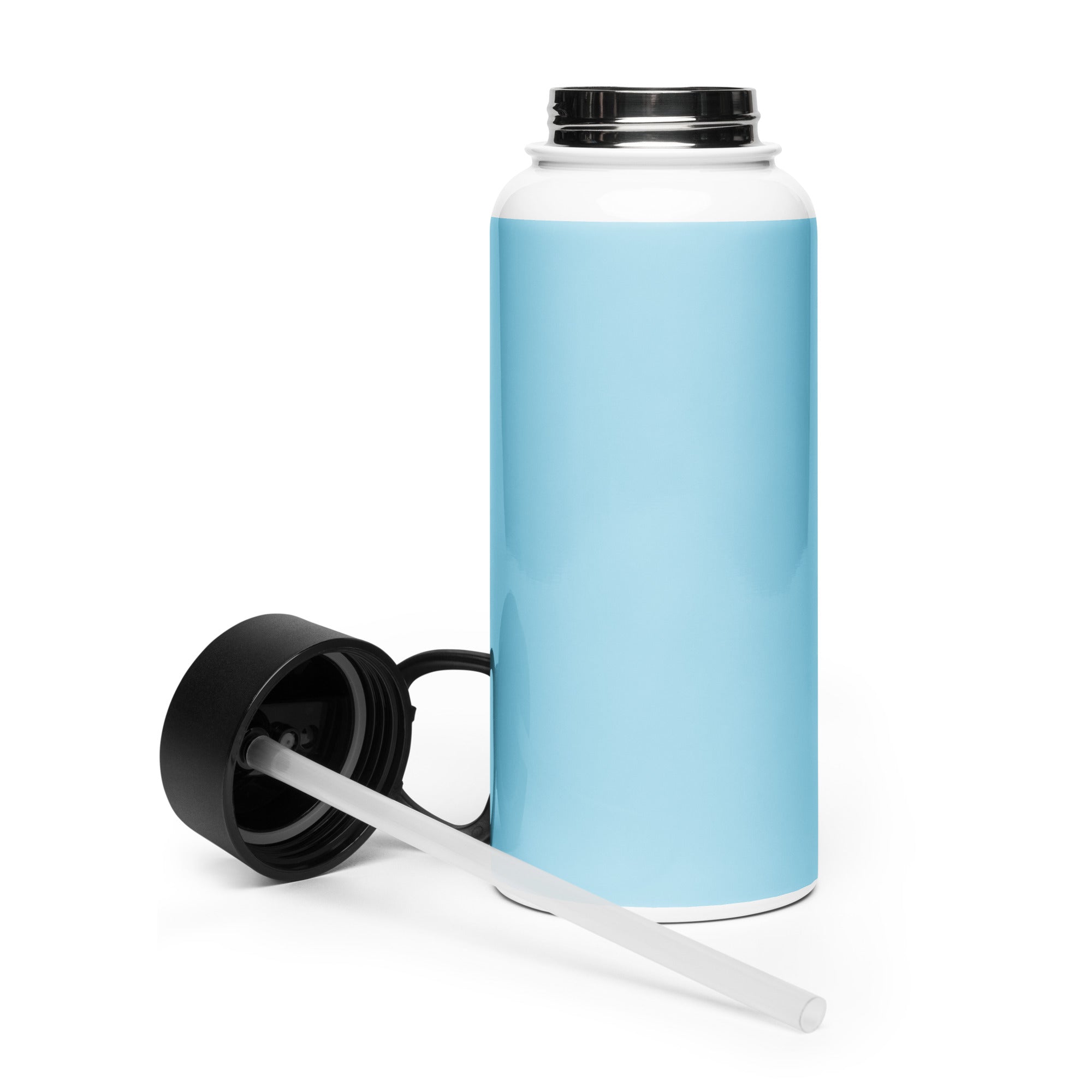 Kingdom Kids Club KKC blue stainless steel water bottle with straw lid, 32 oz, shown from the back in white.