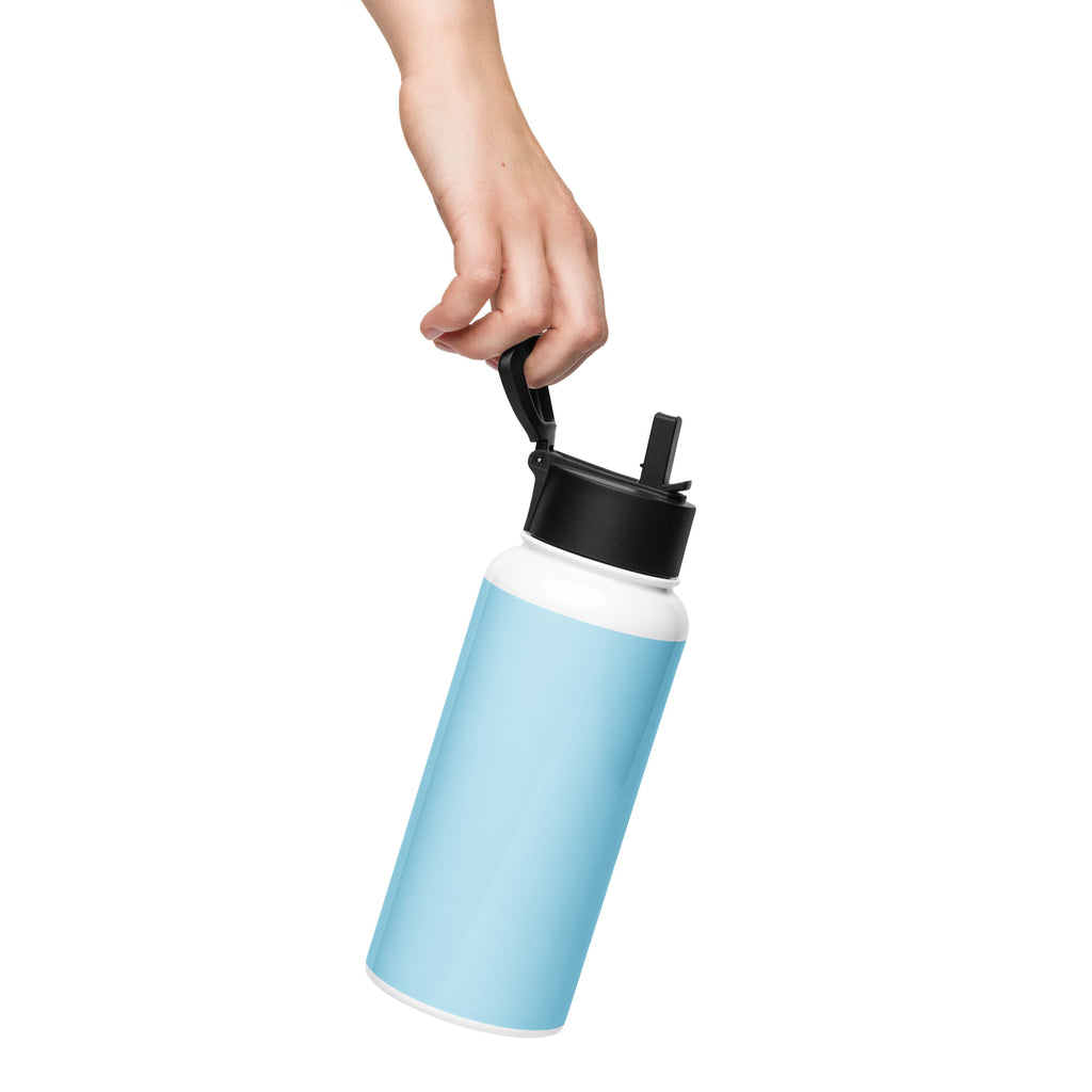 Kingdom Kids Club KKC blue stainless steel water bottle with straw lid, 32 oz, seen from the back.
