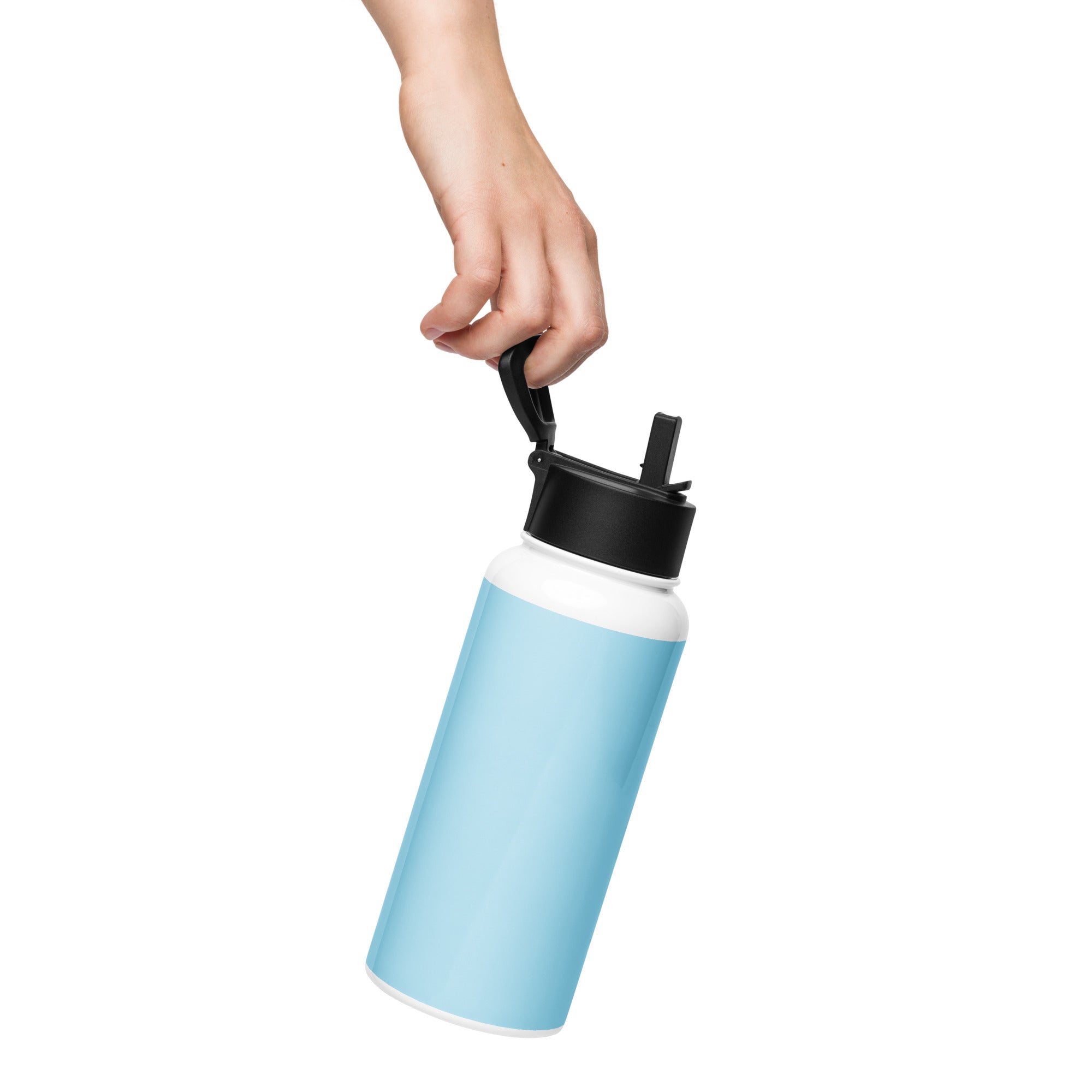 Kingdom Kids Club KKC blue stainless steel water bottle with straw lid, 32 oz, seen from the back.