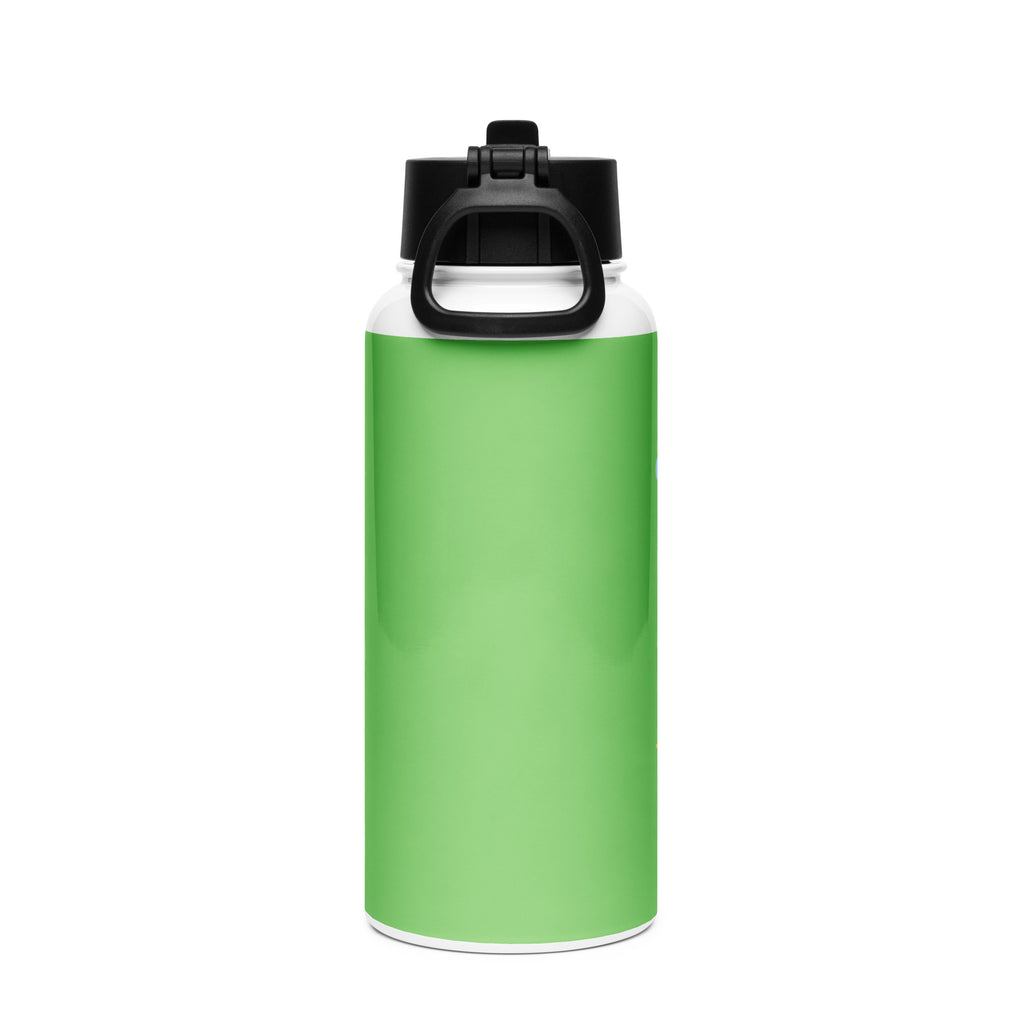 Kingdom Kids Club KKC green stainless steel water bottle with straw lid, 32 oz, shown from the back.