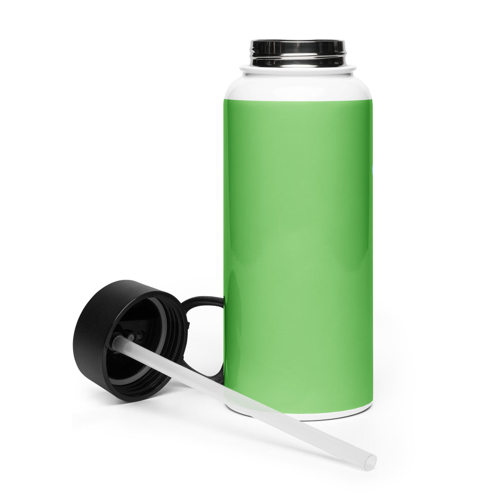 Kingdom Kids Club KKC green stainless steel water bottle with straw lid, 32 oz, shown from the back.