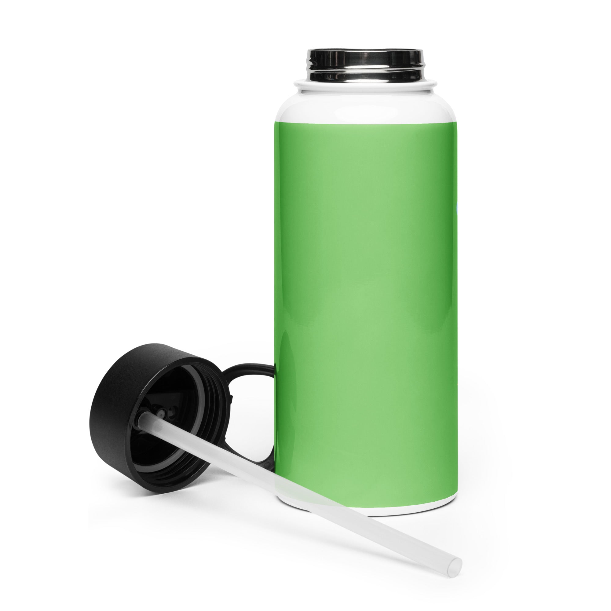 Kingdom Kids Club KKC green stainless steel water bottle with straw lid, 32 oz, shown from the back.