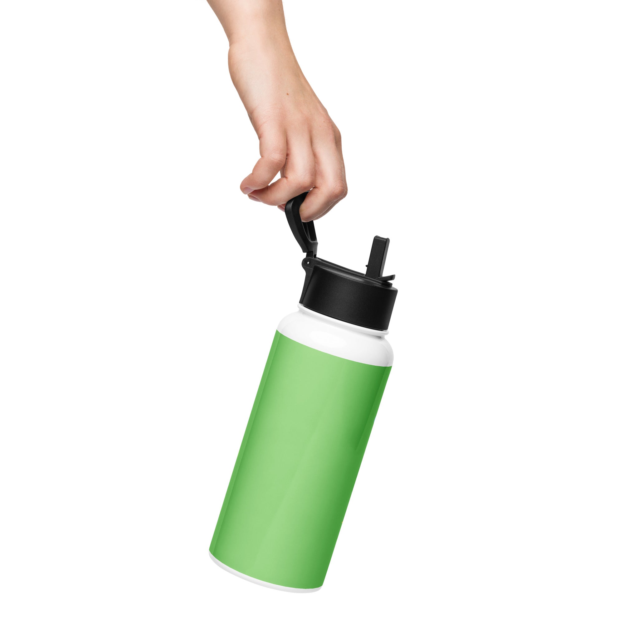 Kingdom Kids Club KKC green stainless steel water bottle with straw lid, 32 oz, showing the back view.