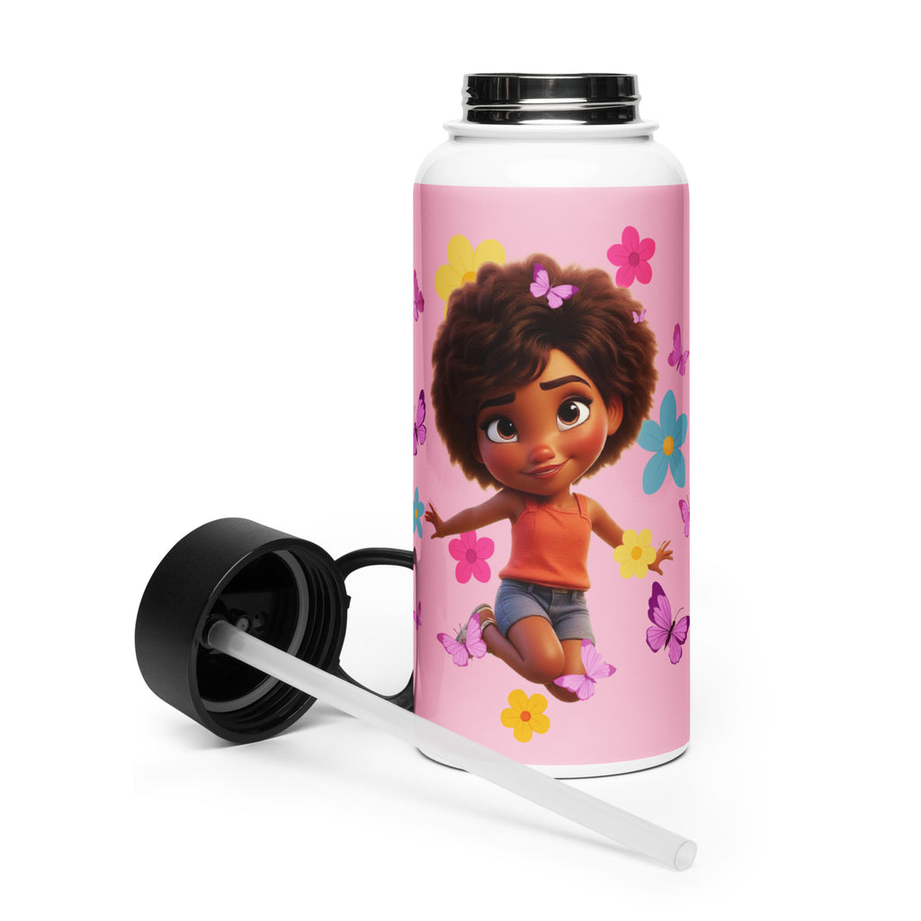 Pink stainless steel water bottle with straw lid from Kingdom Kids Club, 32 oz, front view.