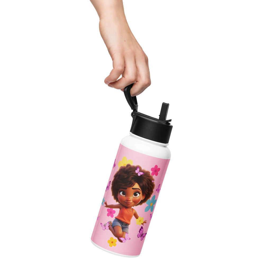 Pink stainless steel water bottle with straw lid, 32 oz, from Kingdom Kids Club, featuring a sleek design and easy-to-use drinking spout.