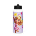 KKC Purple Water Bottle by Kingdom Kids Club, 32 oz stainless steel bottle with straw lid and purple design, front view