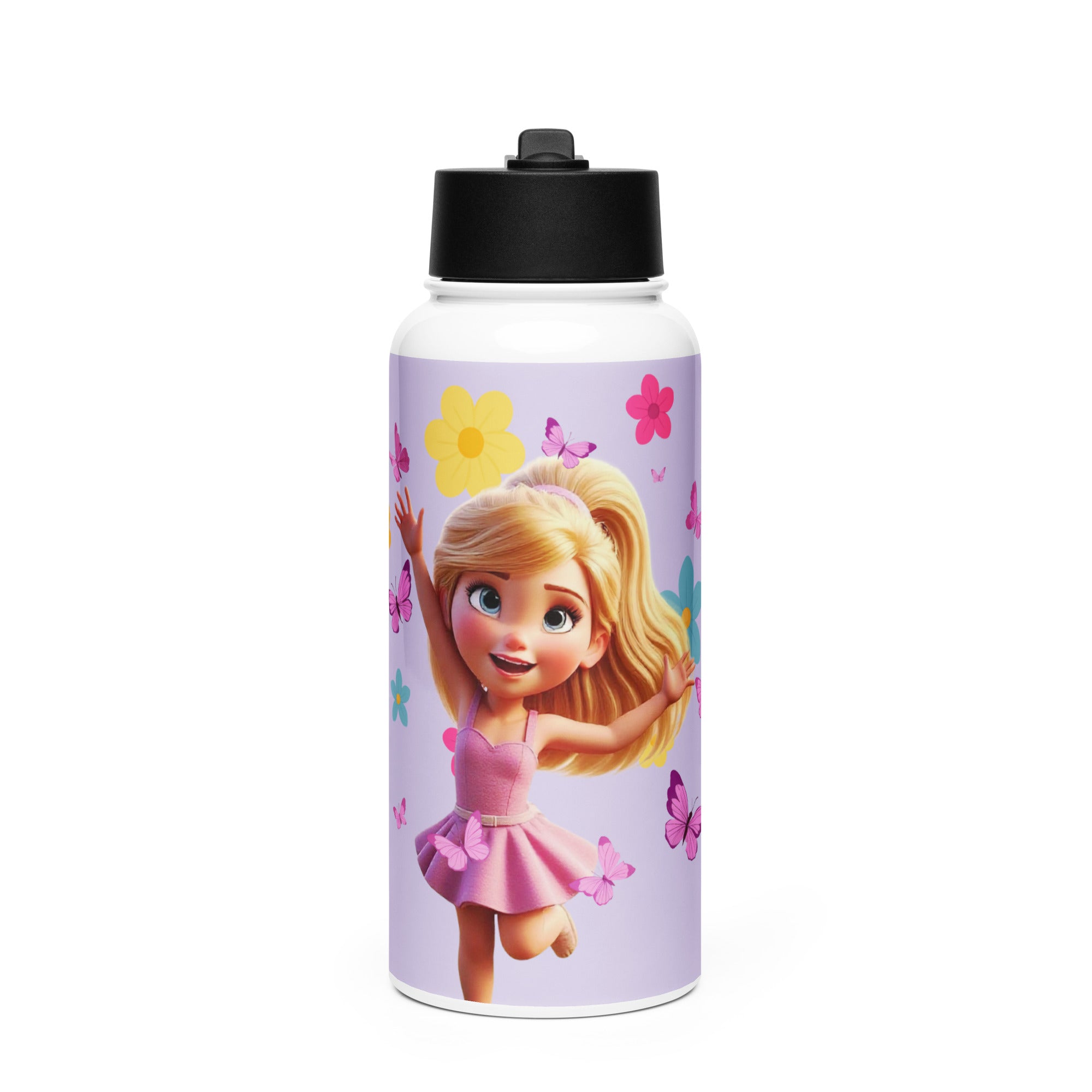 KKC Purple Water Bottle by Kingdom Kids Club, 32 oz stainless steel bottle with straw lid and purple design, front view