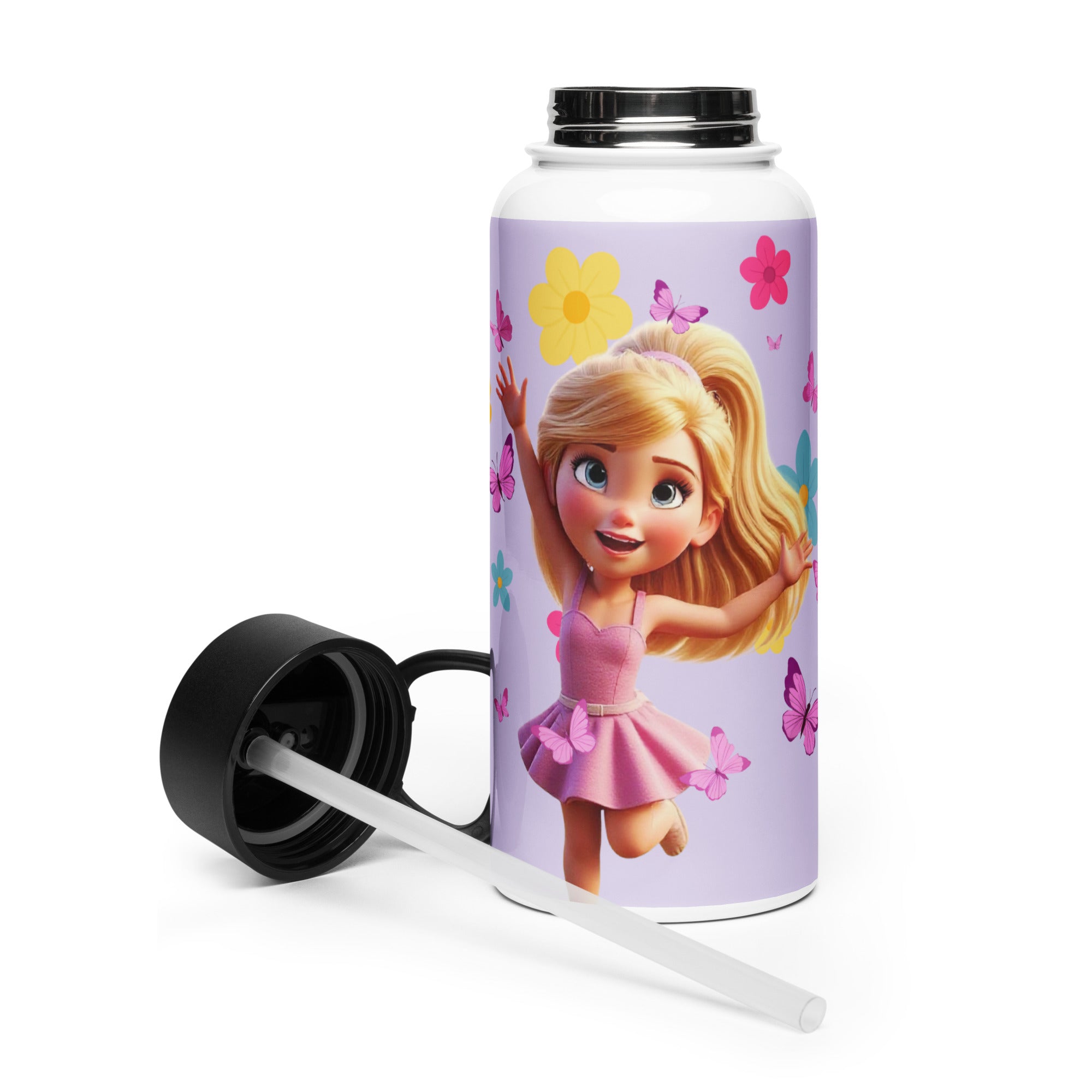 Kingdom Kids Club purple stainless steel water bottle with a straw lid, 32 oz, front view, suitable for kids' hydration.
