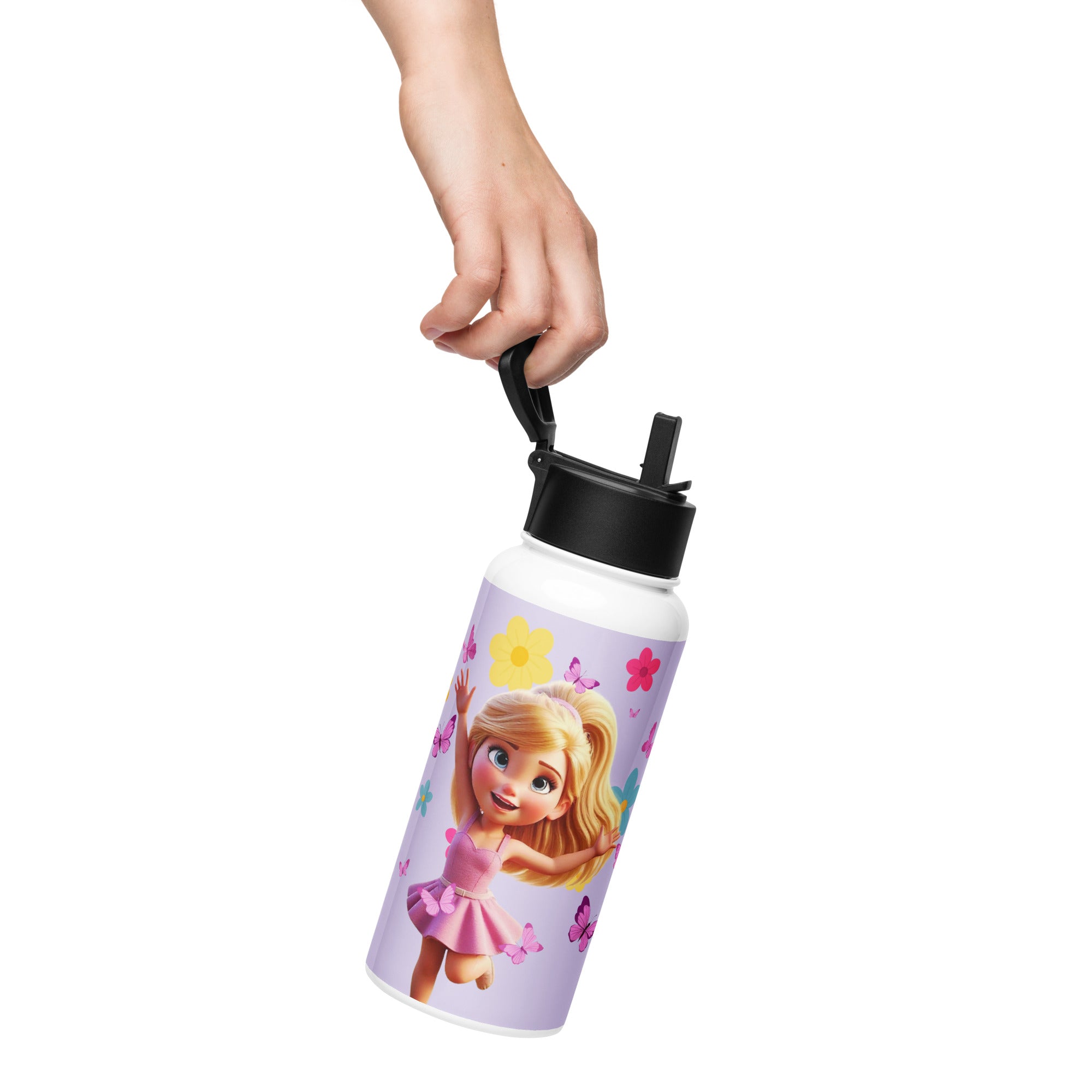 Kingdom Kids Club purple stainless steel water bottle with straw lid, 32 oz, front view, durable and kid-friendly design