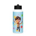 Kingdom Kids Club KKC blue stainless steel water bottle with straw lid, 32 oz, front view.