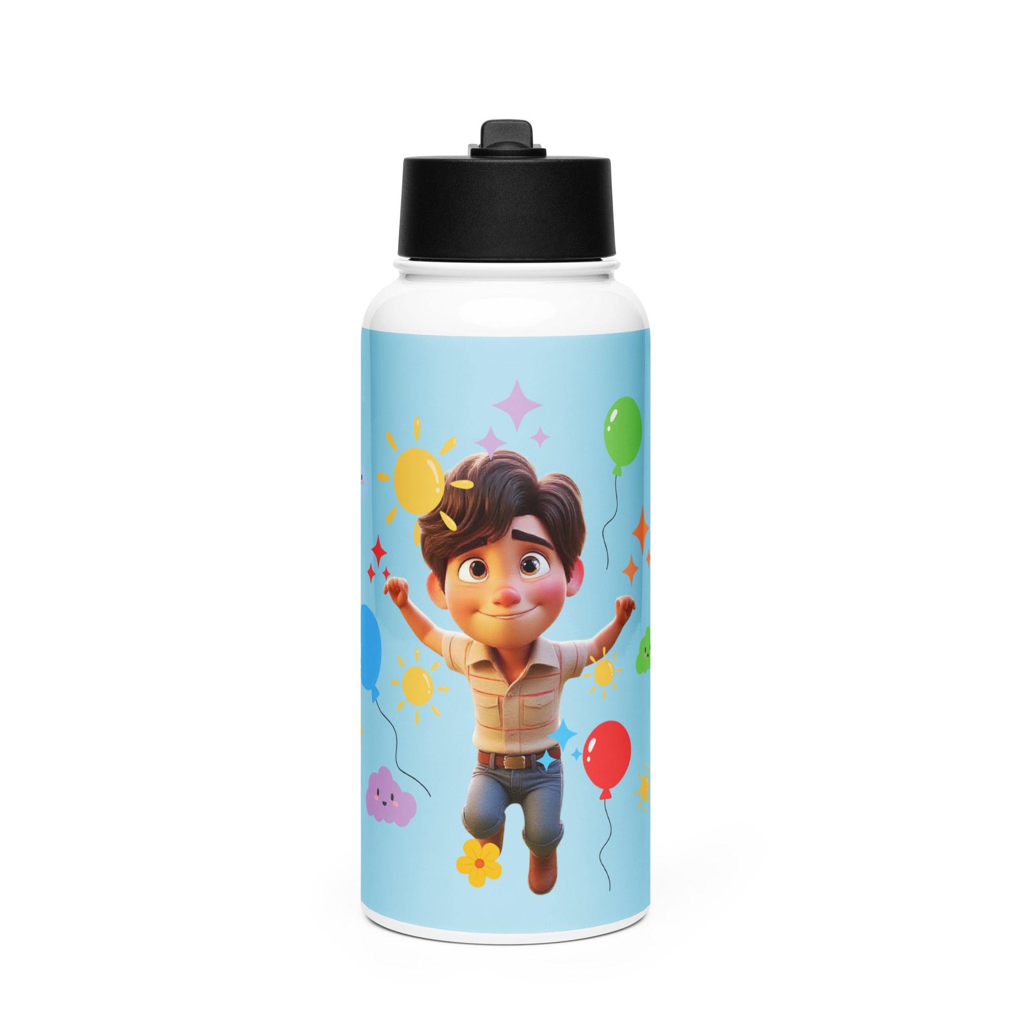 Kingdom Kids Club KKC blue stainless steel water bottle with straw lid, 32 oz, front view.