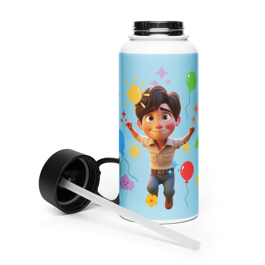 Kingdom Kids Club KKC blue stainless steel water bottle with straw lid, 32 oz, front view.