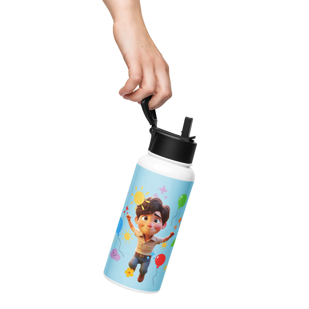 Kingdom Kids Club KKC blue stainless steel water bottle with straw lid, 32 oz, front view
