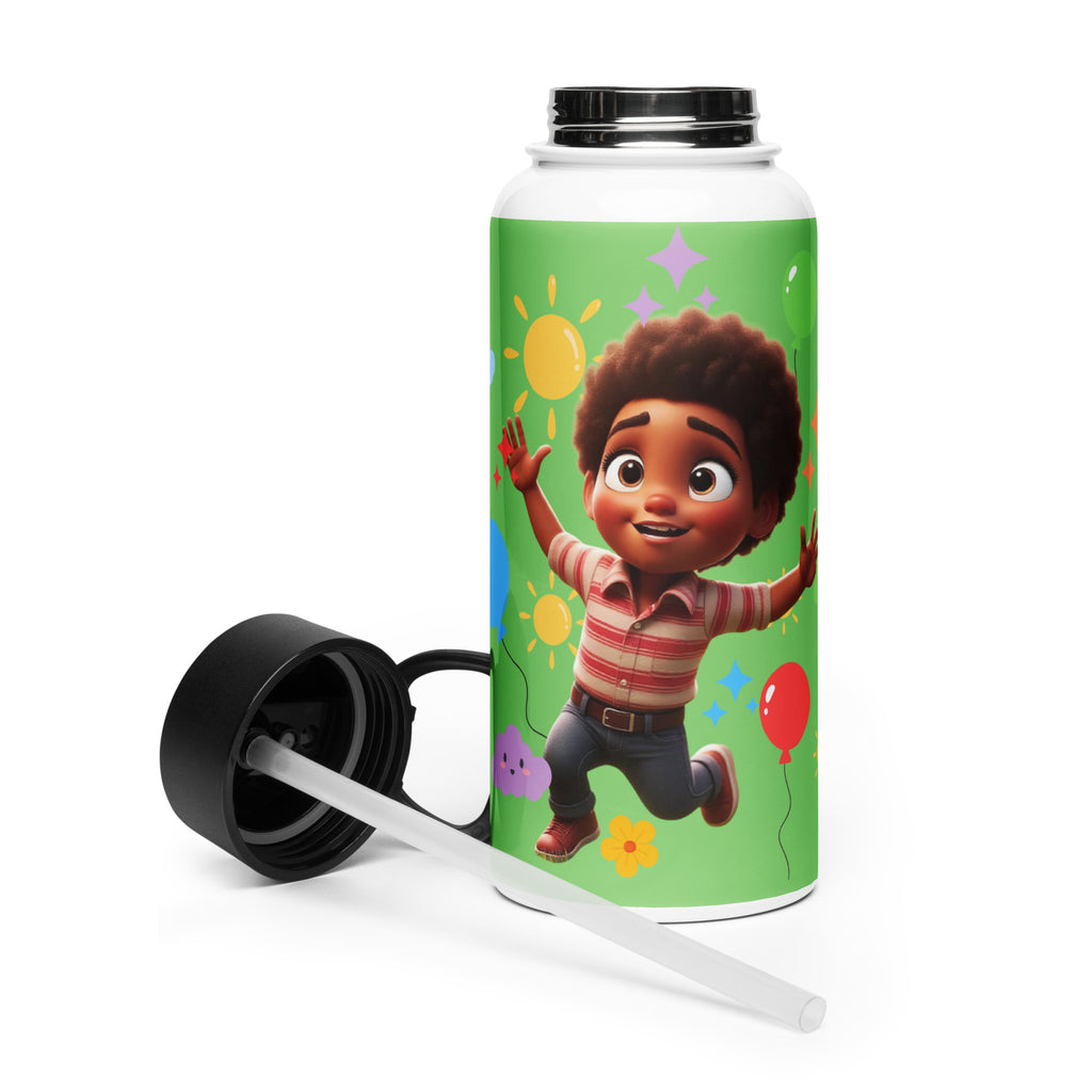 Kingdom Kids Club KKC green stainless steel water bottle with straw lid, 32 oz, front view.