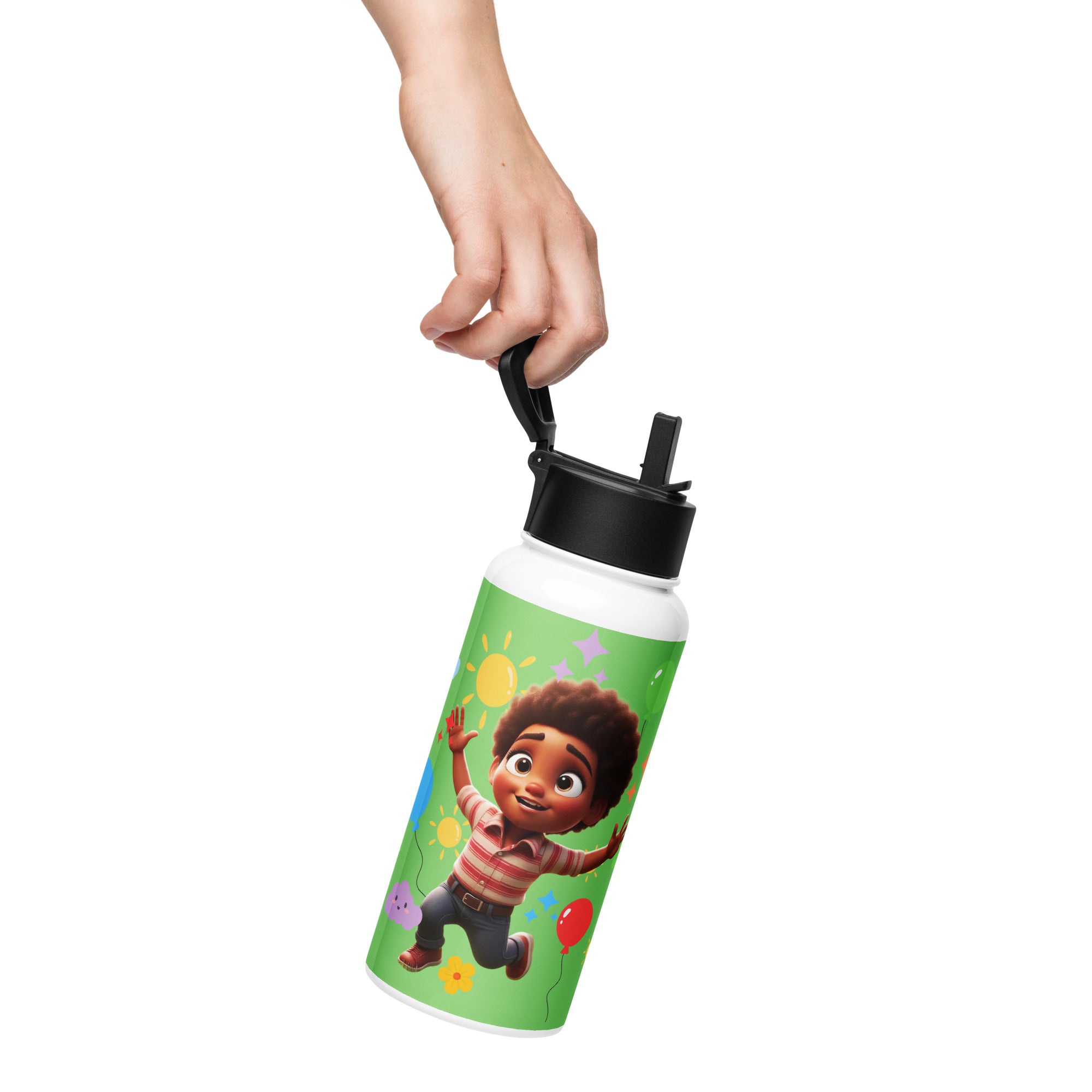 Kingdom Kids Club KKC green stainless steel water bottle with straw lid, 32 oz, front view showing sleek design and white color.