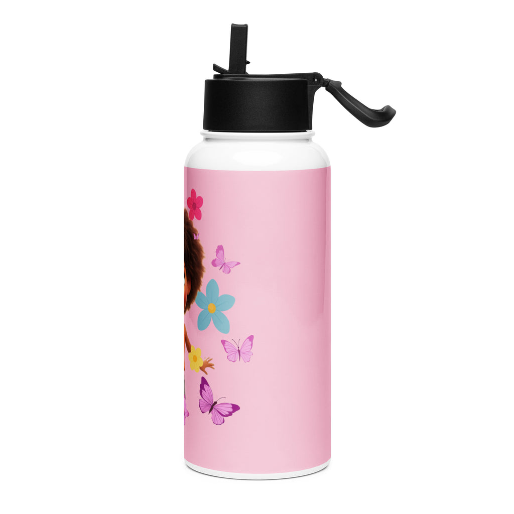 Kingdom Kids Club KKC pink stainless steel water bottle with straw lid, 32 oz, shown from the left side.