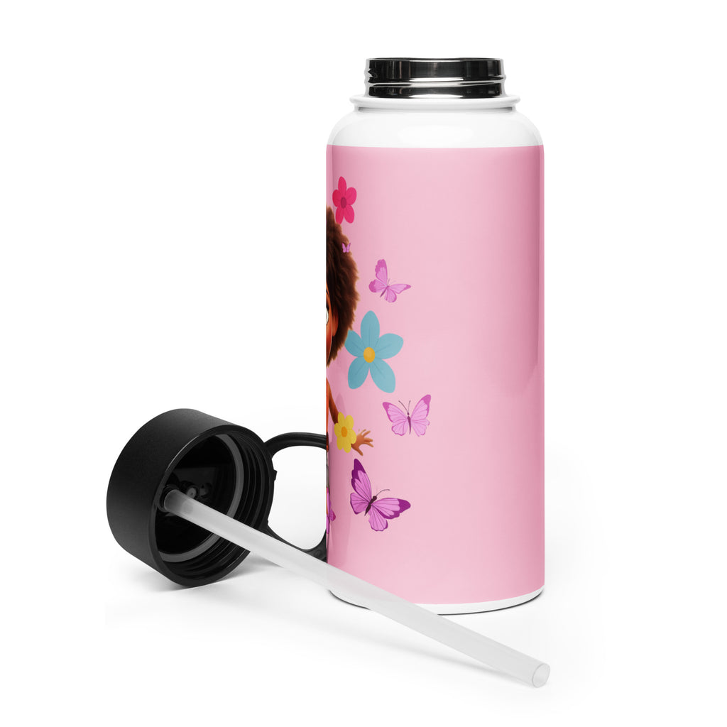 Kingdom Kids Club KKC pink stainless steel water bottle with straw lid, 32 oz, featuring a white finish and durable design.
