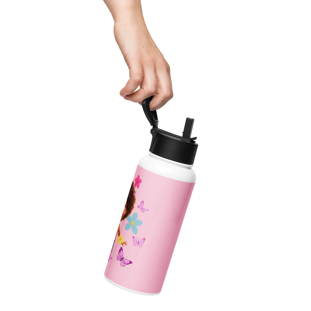 Kingdom Kids Club KKC pink stainless steel water bottle with straw lid, 32 oz, showing a side view with white color and durable design