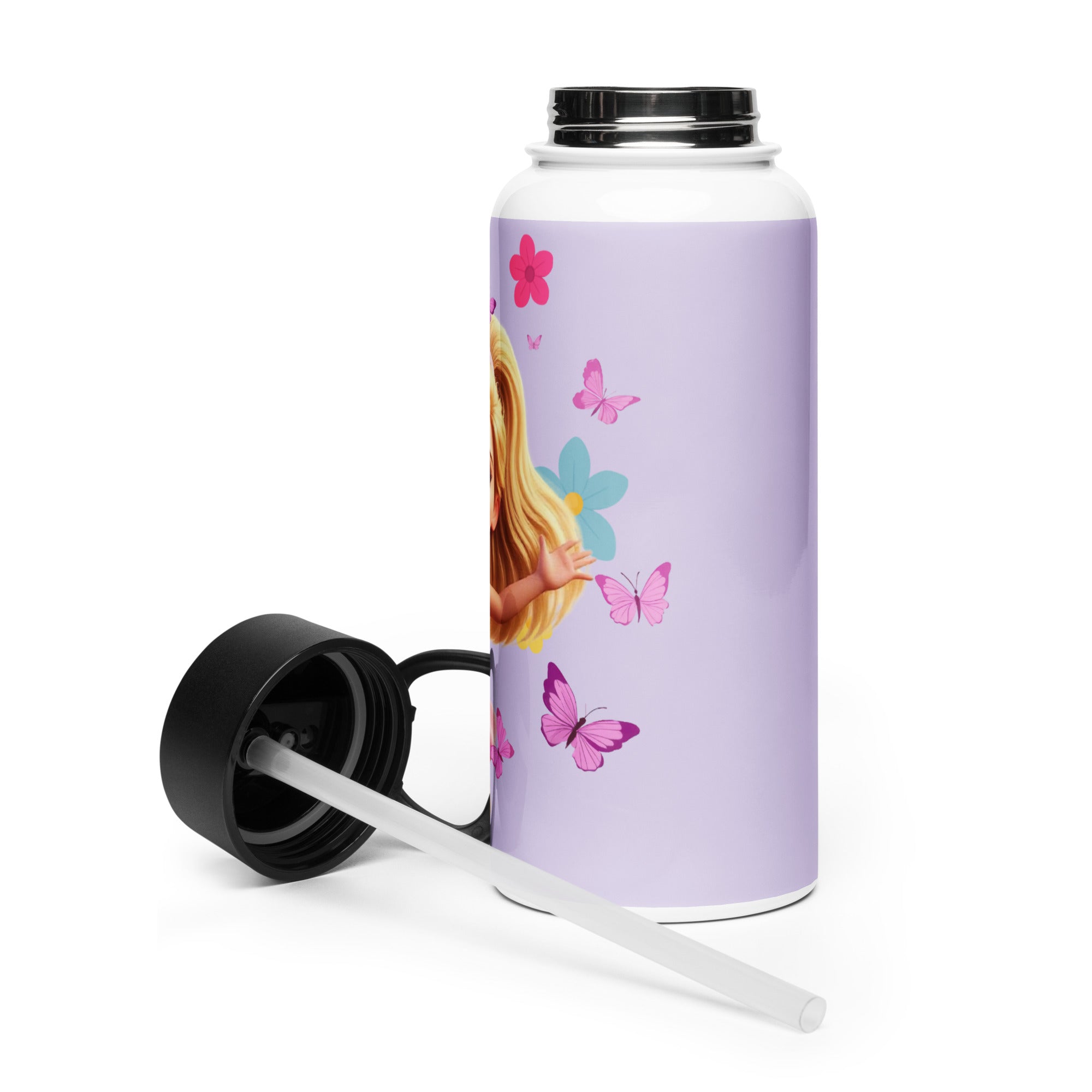 Kingdom Kids Club purple stainless steel water bottle with straw lid, 32 oz, on a white background