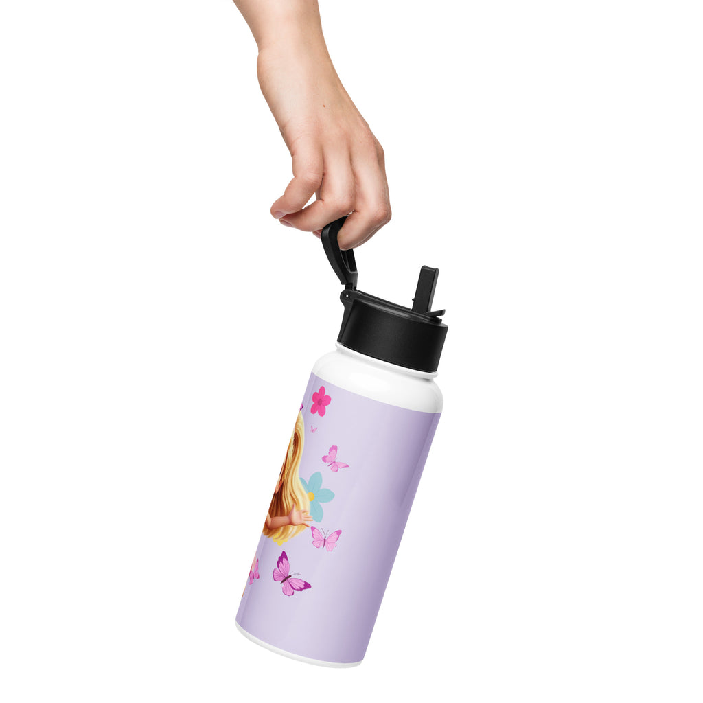 Stainless steel purple water bottle with straw lid, 32 oz capacity, designed for kids by Kingdom Kids Club.