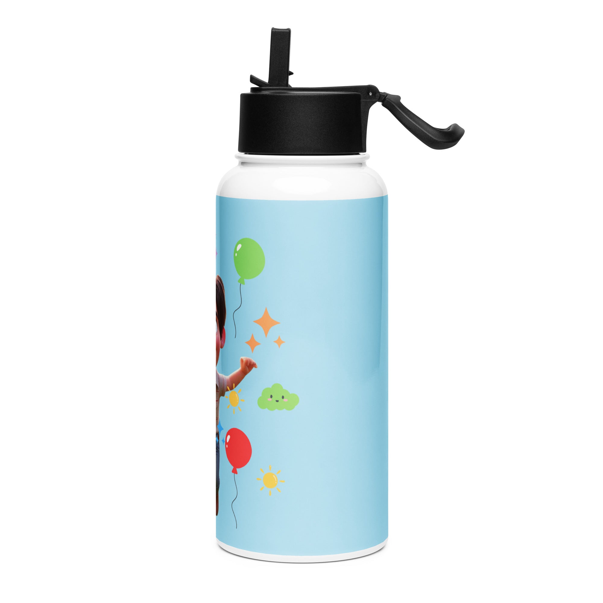 Kingdom Kids Club KKC blue stainless steel water bottle with straw lid, 32 oz, featuring a sleek white finish and durable design.