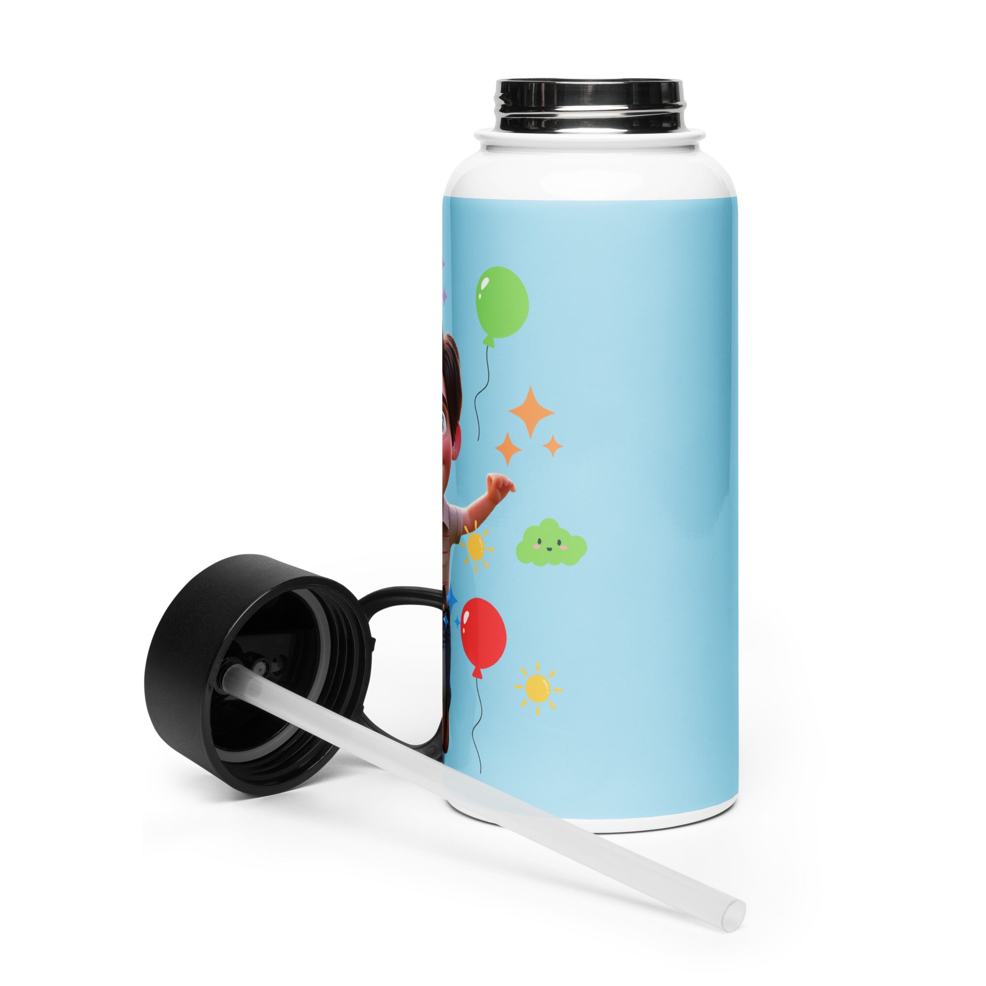 Kingdom Kids Club KKC blue stainless steel water bottle with straw lid, 32 oz, featuring a white finish and durable design