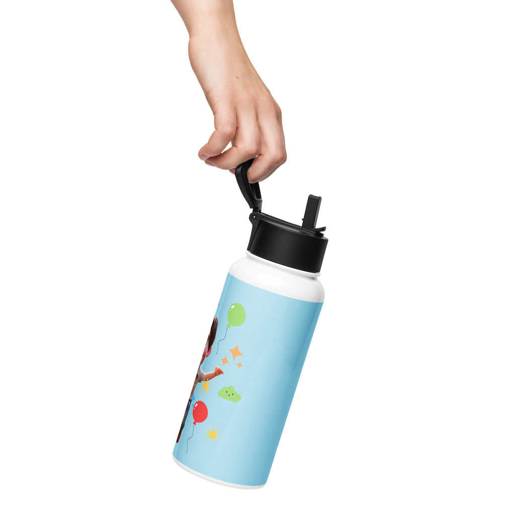 Kingdom Kids Club KKC blue stainless steel water bottle with straw lid, 32 oz, featuring a sleek design and durable construction.