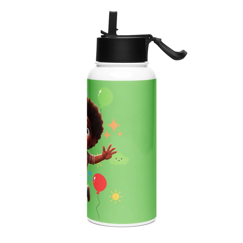 Kingdom Kids Club KKC green stainless steel water bottle with straw lid, 32 oz, featuring a sleek white finish.