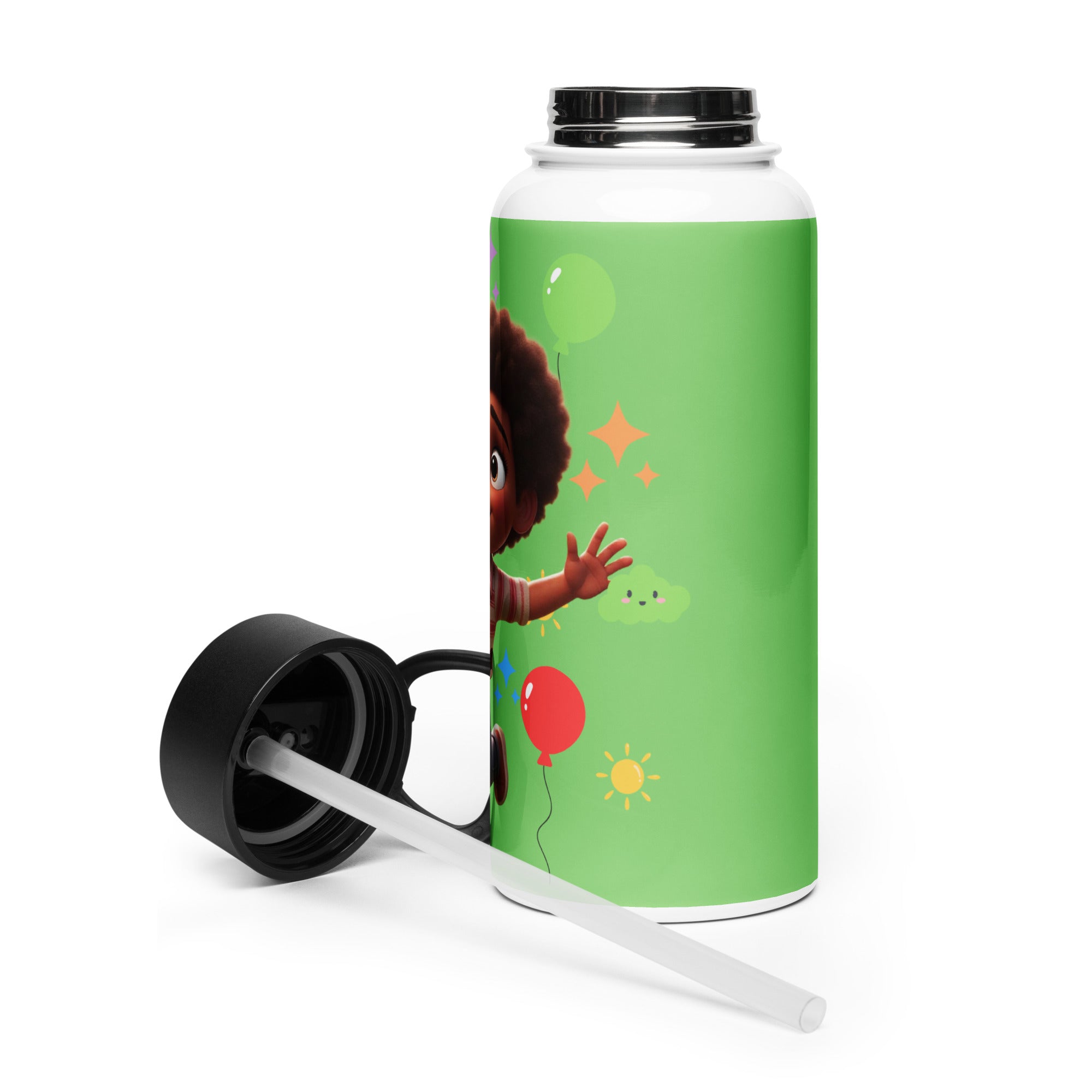 Kingdom Kids Club KKC green stainless steel water bottle with straw lid, 32 oz, white color, ideal for kids' hydration.
