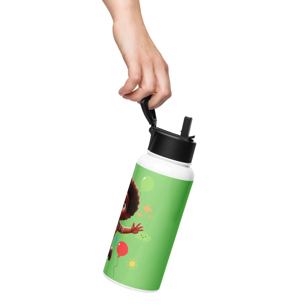 White 32 oz stainless steel water bottle with straw lid from Kingdom Kids Club’s KKC Green Water Bottle collection.
