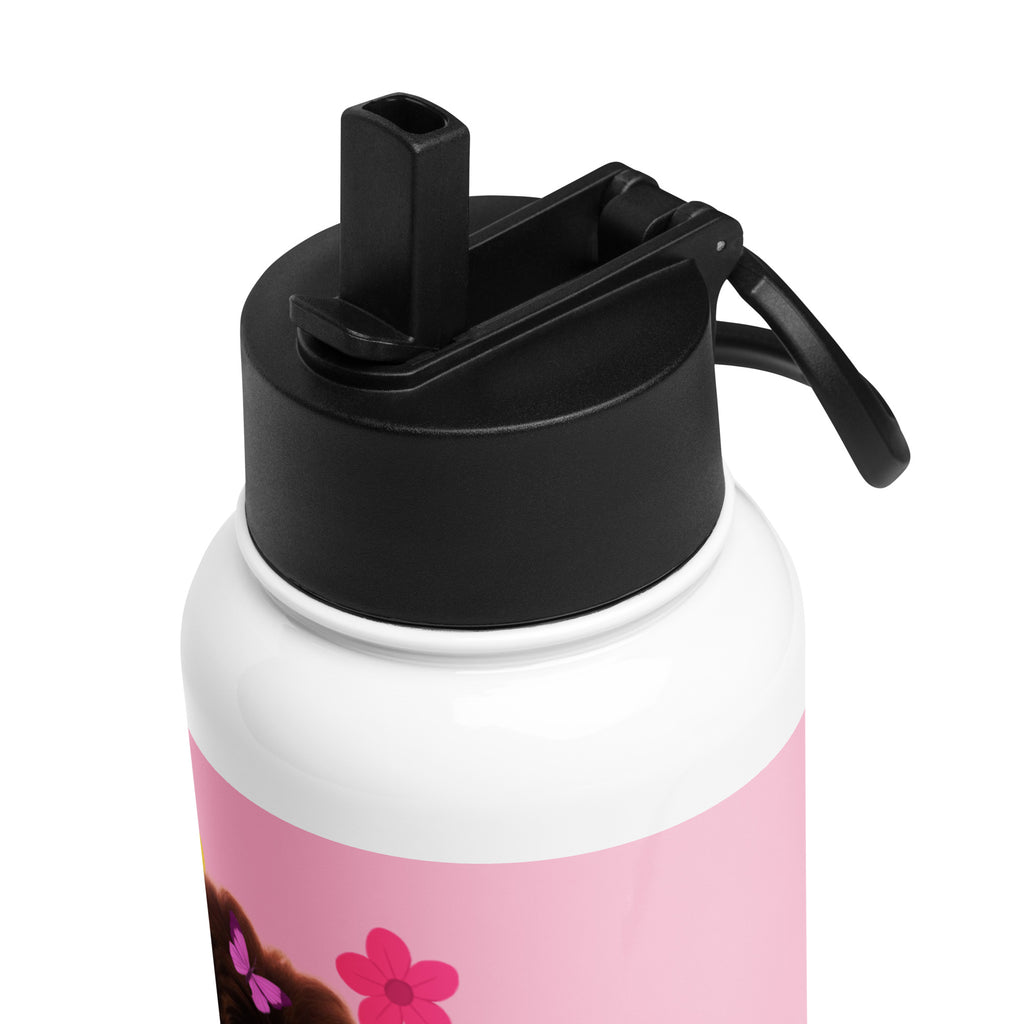 Pink stainless steel water bottle with straw lid, 32 oz, designed for kids by Kingdom Kids Club