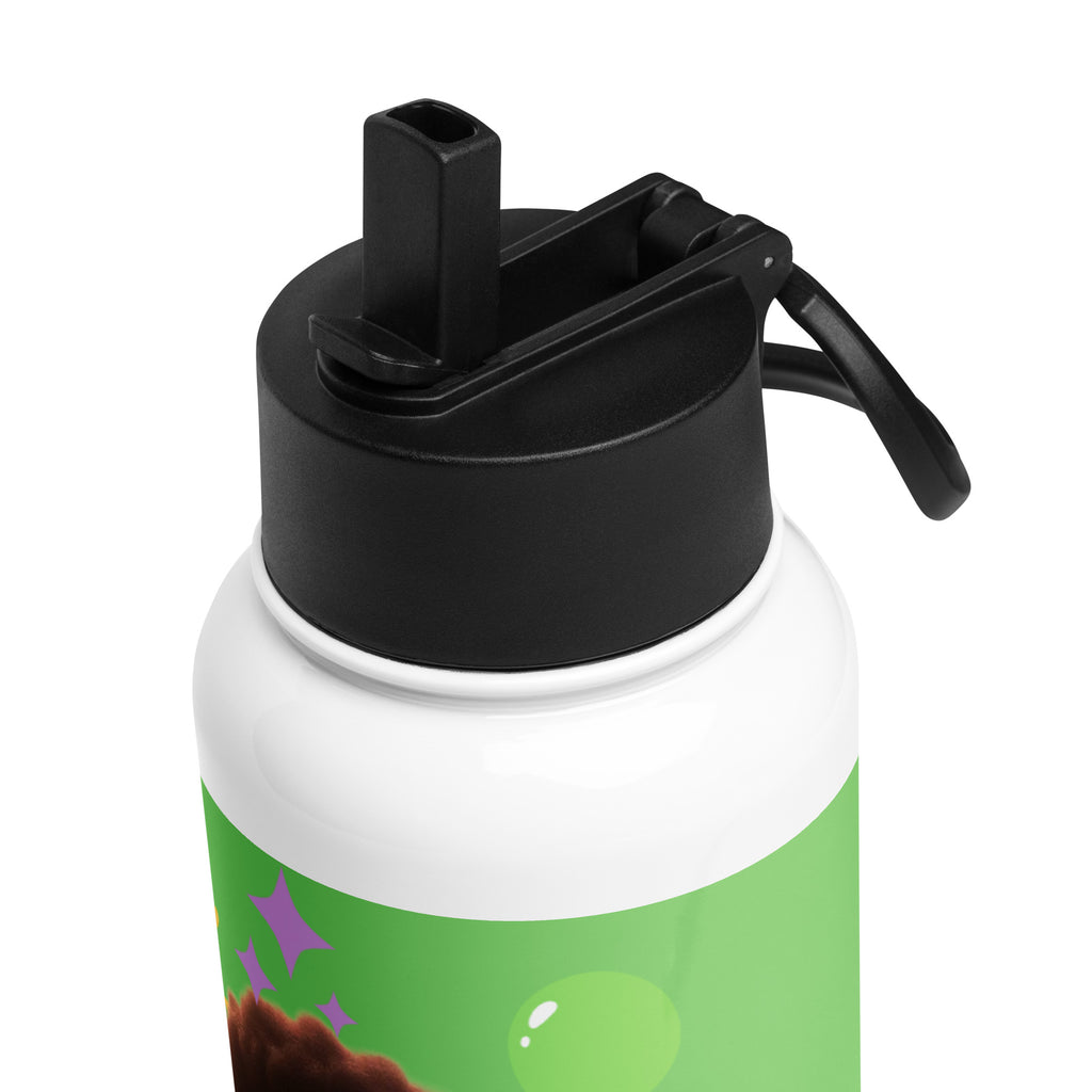 Kingdom Kids Club KKC green stainless steel water bottle with straw lid, 32 oz, featuring a sleek white design.