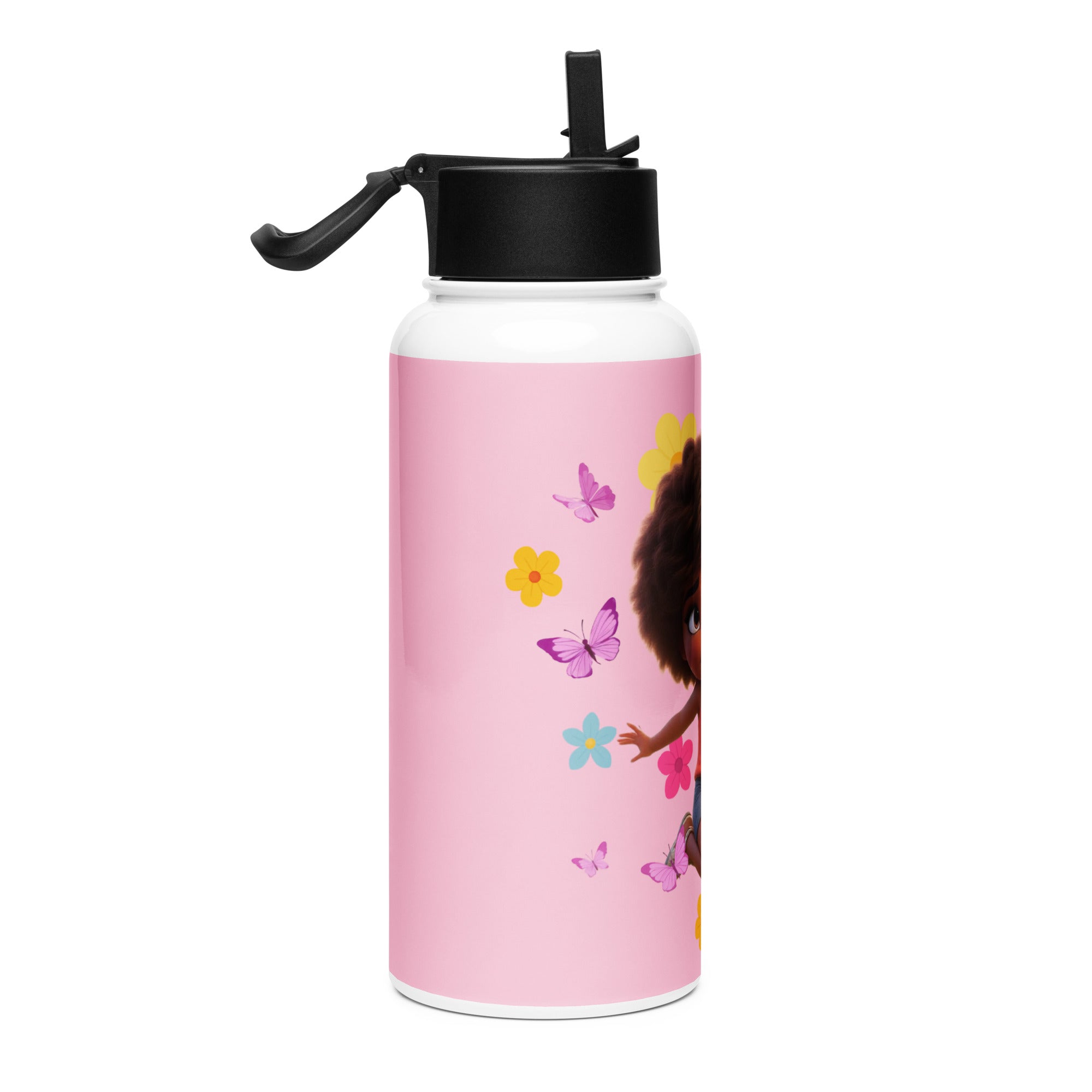 Kingdom Kids Club KKC pink stainless steel water bottle with straw lid, 32 oz, white color, right side view