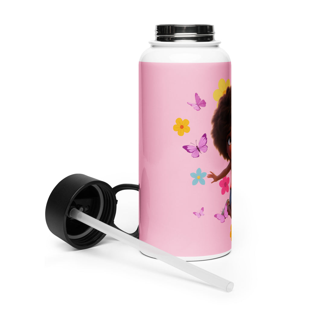 Pink stainless steel water bottle with straw lid, 32 oz, designed for kids by Kingdom Kids Club