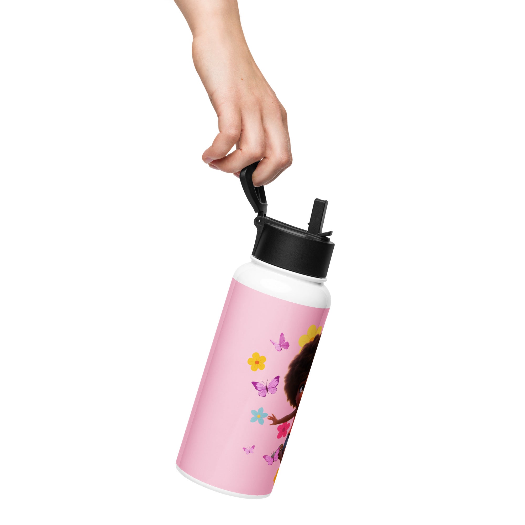 Kingdom Kids Club KKC pink stainless steel water bottle with straw lid, 32 oz, shown from the right side.