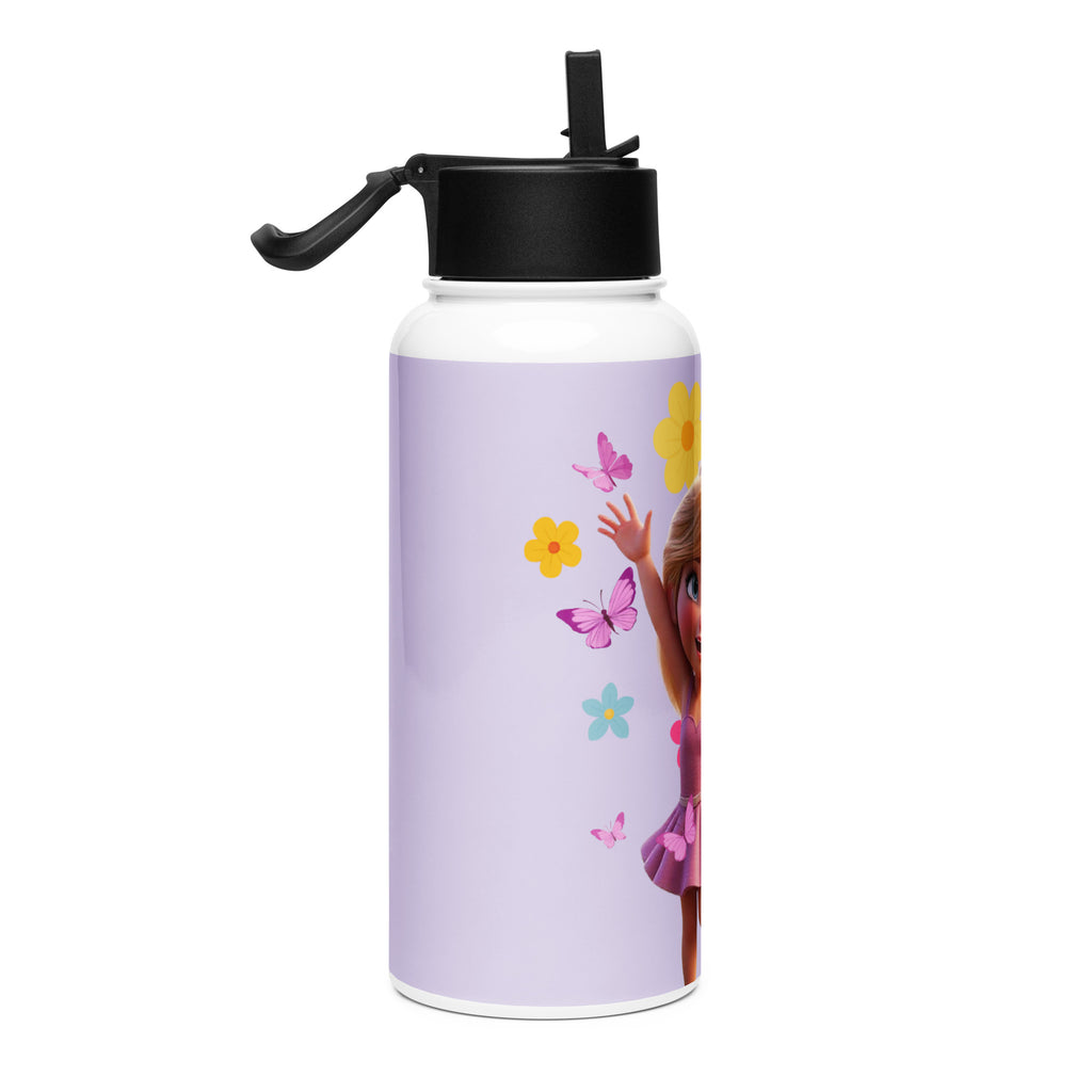 Stainless steel purple water bottle with straw lid, 32 oz, from Kingdom Kids Club, showing the bottle on a white background.
